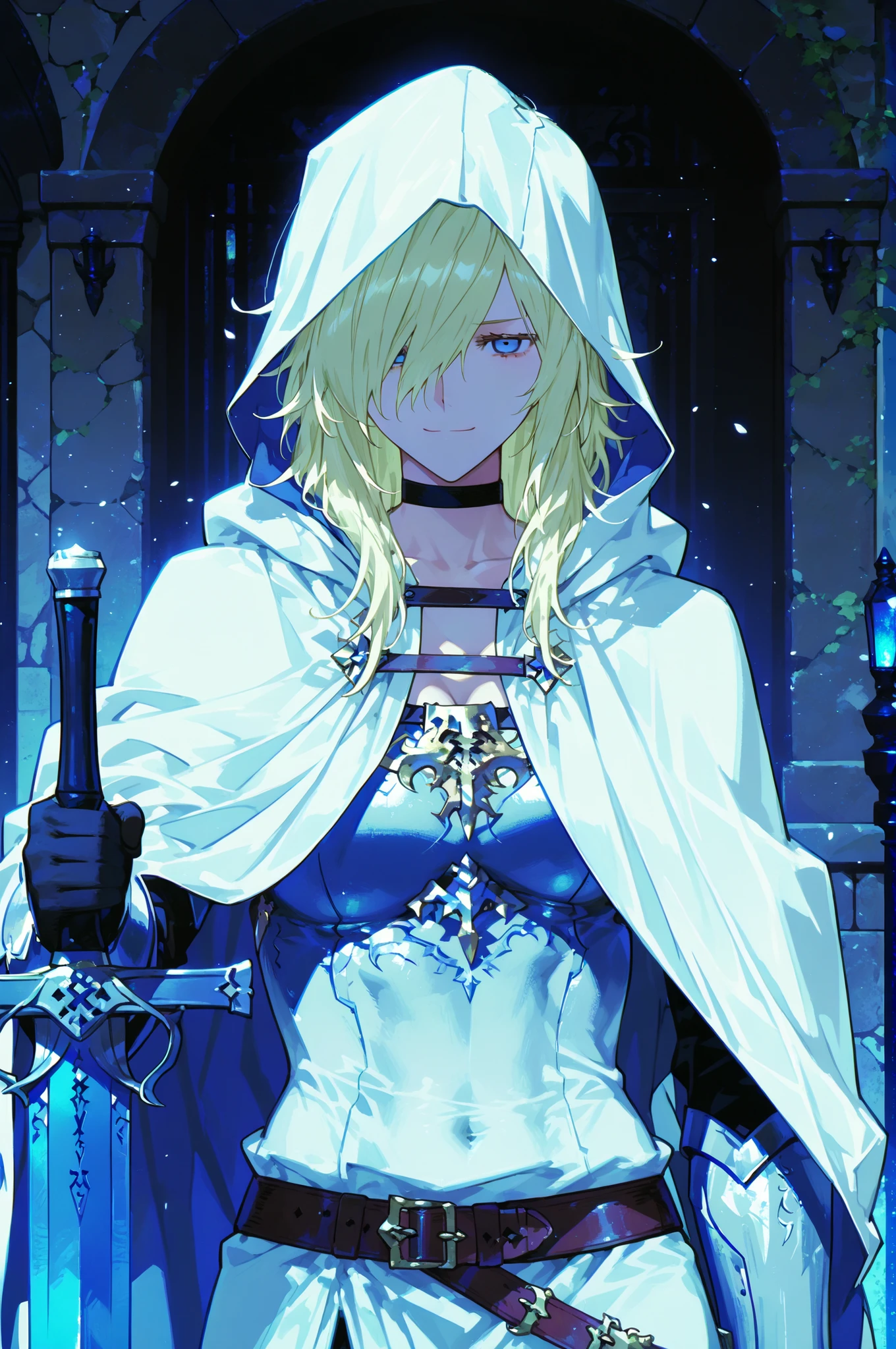 Solo; 1 Shokolade, jormugand Shokolade, athletic toned body, wears a blue armored hooded cloak that drapes over a rugged tunic, giving off a medieval or fantasy vibe, straps and belts wrap around the chest and waist, securing a sword at their side. The chest area of the garment is notably worn and frayed, a smiling in a gentle expression, color palette adds depth to the scene, evoking a sense of fantasy and nobility