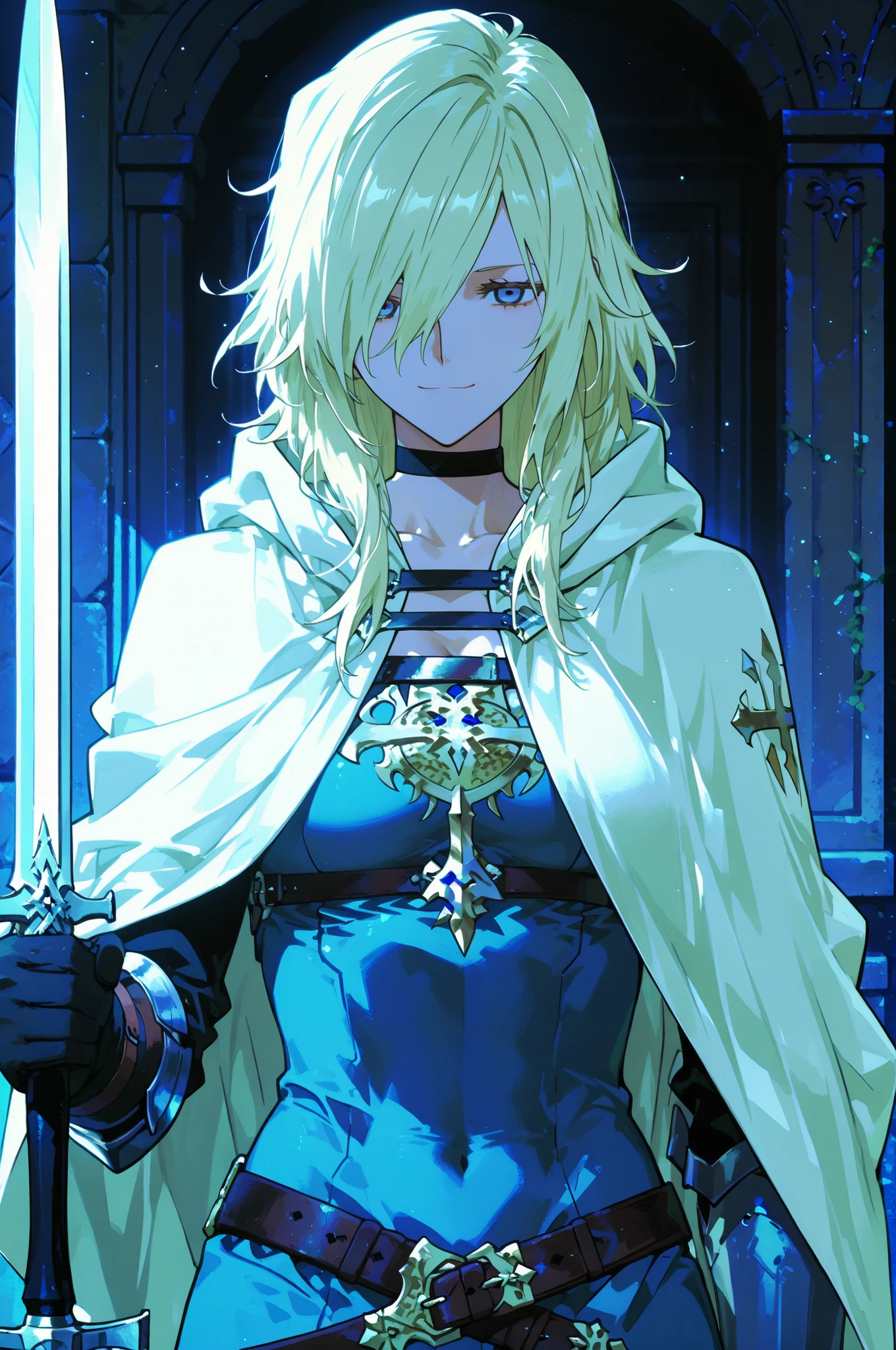 Solo; 1 Shokolade, jormugand Shokolade, athletic toned body, wears a blue armored hooded cloak that drapes over a rugged tunic, giving off a medieval or fantasy vibe, straps and belts wrap around the chest and waist, securing a sword at their side. The chest area of the garment is notably worn and frayed, a smiling in a gentle expression, color palette adds depth to the scene, evoking a sense of fantasy and nobility