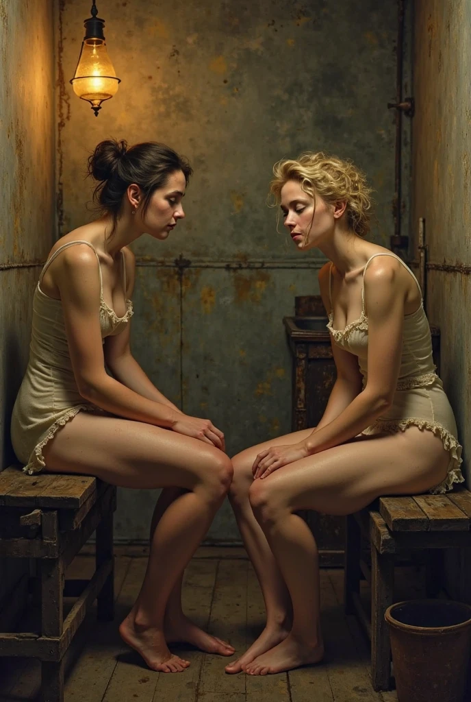profile of a tanned girl in her 20s. Red hair, freckles, 1.4 meters tall, dark eyes. Wearing: a short strapless and sleeveless bra, bare feet. detailed face, detailed feet, toes. She is squatting and peeing in a squat toilet