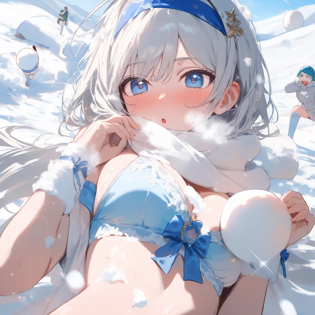 nsfw,Adult Women、(chisato nishikigi:1.5), nishikigi chisato, short hair, bangs, Blonde, (Red eyes:1.5), hair ribbon, One side up, Bobcut, (((North Pole、Snowfall、Snowstorm、night、moonlight、Starry Sky、penguin)))、(masterpiece:1.2), highest quality, High resolution,  8k、wallpaper, (Beautiful fine details:1.6), Highly detailed face,, Highly detailed CG, (((Perfect hands, Perfect Anatomy))),(All Nude:1.5)、Place your arms behind your back、blush、(Sweat gushing forth:1.5)、(lying:1.5)、(Spread your legs:1.5)、(Love Juice:1.5)、(Expressions of joy:1.5)、(There&#39;s snow on my head:1.5)、(heavy snow)