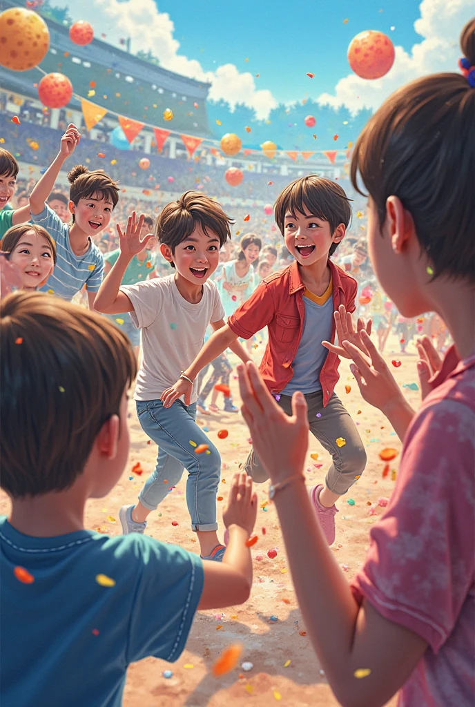 (Children's Day illustration), three children dressed in casual sportswear raise their hands and cheer on the football field, which is bright and warm, surrounded by streamers and balloons, and the crowd cheers. Characters occupy a small part of the picture.