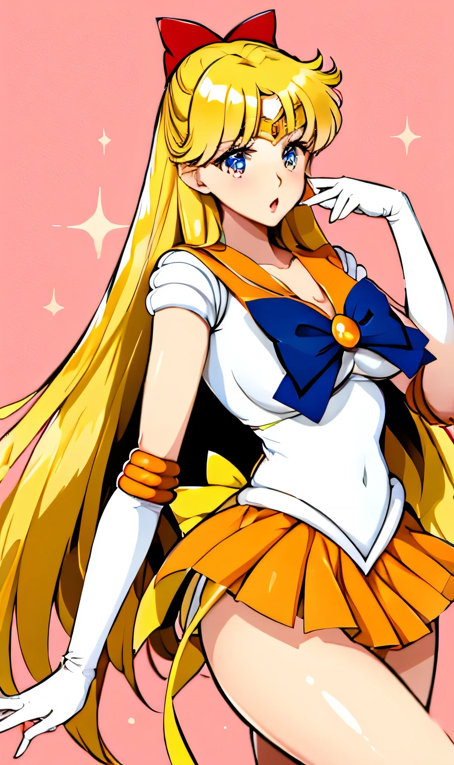 masterpiece, best quality, high resolution, venus1, 1 girl, solo, senshi sailor uniform, sailor venus, aino minako, blonde hair, magical girl, blue eyes, orange ultra mini skirt, elbow length gloves, tiara, pleated skirt , hair bow, orange sailor necklace, ultra mini skirt, choker, red bow, orange choker, white gloves, very long hair, jewelry, earrings, climbing the stairs up, close-up, smile, cowboy shot, sailor senshi uniform pink, pink sailor collar, Pink pleated skirt, elbow gloves, in back pose, show her booty, backwards, no thong on big booty, full body, aausagi, close-up booty