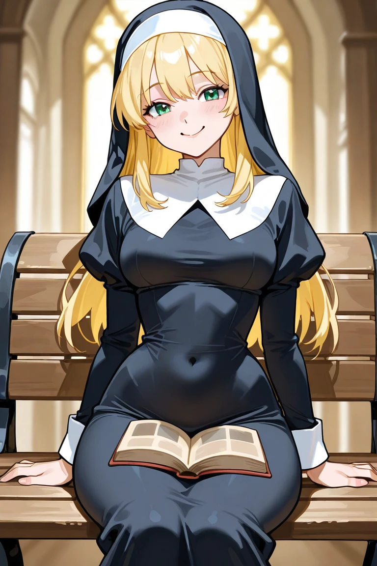 hot anime nun with white long hair with blue nun dress,with white stockings sitting under a tree in day light reading a book