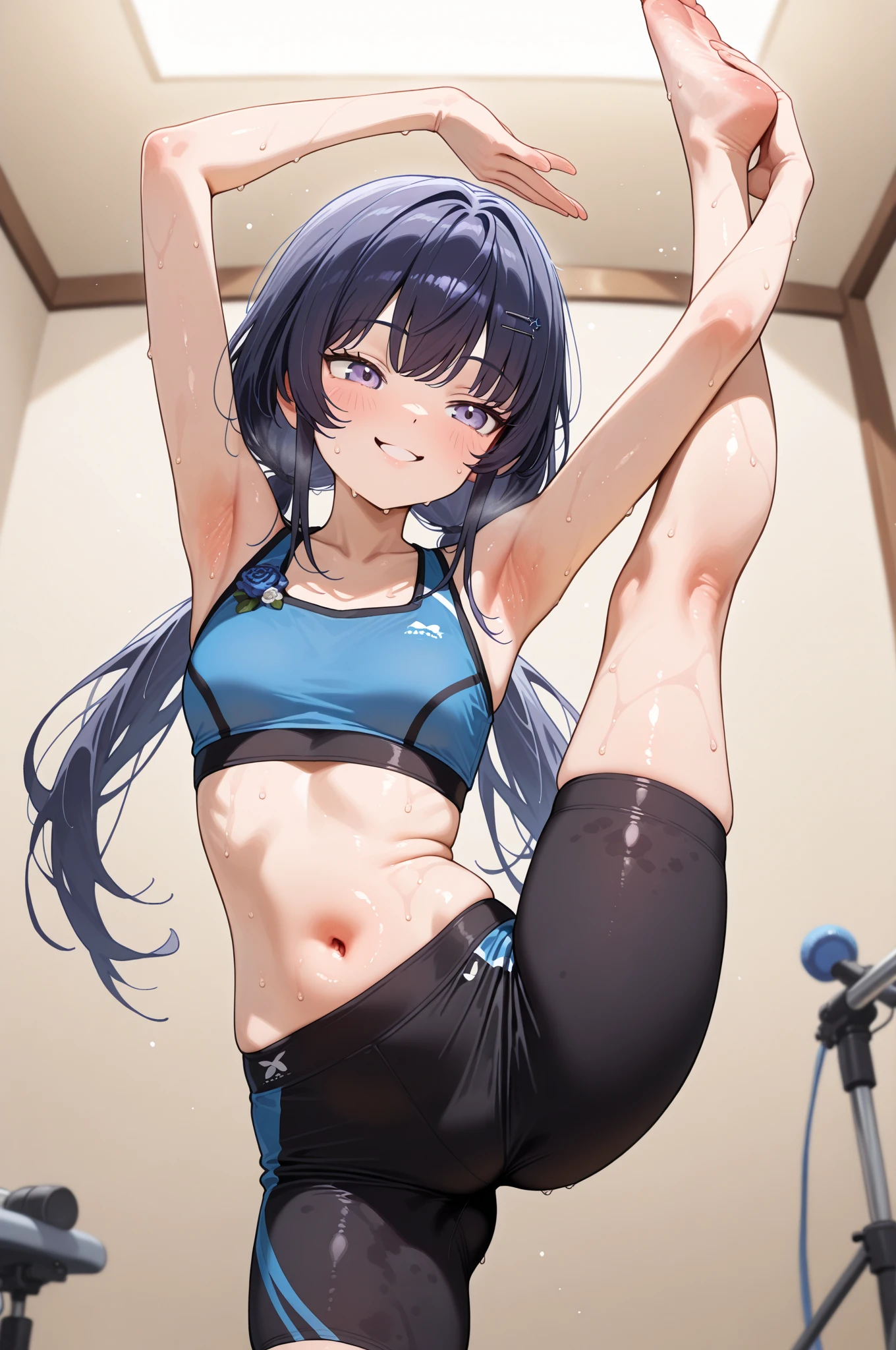 nsfw,(super fine illustration,8K CG wallpaper,best quality,extremely detailed,ultra high res,best aesthetic),(cowboy shot,from front),1girl ,idolmaster, {{{anastasia}}}, (25yo,beautiful girl,cute girl),(((beautiful blue eyes))),(beautiful silver hair), (((extra short hair))),((spiky hair)), (((mullet hairstyle))), (wet hair), (wet skin),(scatter sweat),(steam),(flat chests,midium breasts),((slender and tall)),((Calvin Klein), (gray sports bra),(((gray boxer shorts for women))),(gym),(stretch on the mat),((((spread legs)))),((arms behind head)), (squatting),(open mouths),(one eyes closed),(embarrassed),(smile),(stick out tongue),(feel good),(blush),look up view,