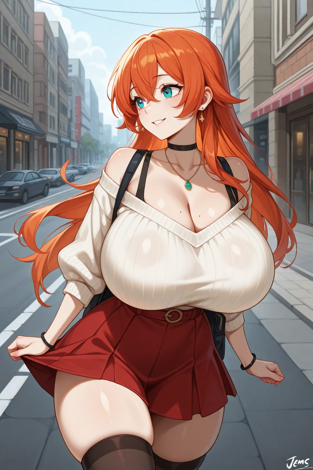 A cat girl with long white and red hair and huge breasts walks in a blue bra at the mall.