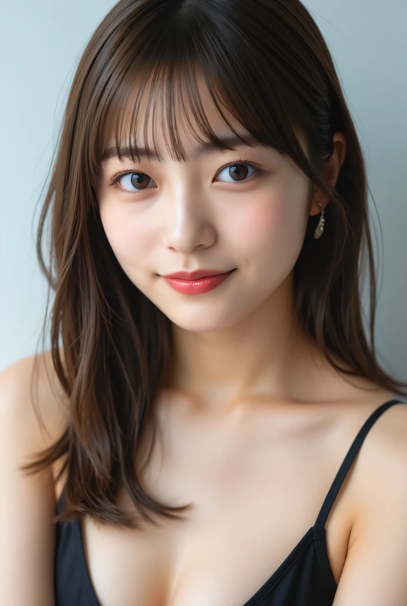 (software:1.8、masterpiece, Highest quality),1 Girl, alone, have, Realistic, Realistic, Looking at the audience, Light brown eyes, Highly detailed shiny long hair,Beautiful symmetrical face、Spring Clothes:1.6, Whity, lips, bangs, Highly detailed beautiful face、very fine and beautiful eyes、, Mouth closed, Upper Body、Big eyes、eyelash、((Very simple blue background:1.8))、(((bangsのあるロングヘア、Short shiny hair、Big eyes、big and full chest、Looking at the audience、Innocent beauty、Show me your ears、Beautiful long neck、smile、please close your mouth and smile)))、Ideal body type、{Huge|big|Hugeな|Mega} chest:2, chestの谷間:2、幸せなsmile、Beautiful Teeth、