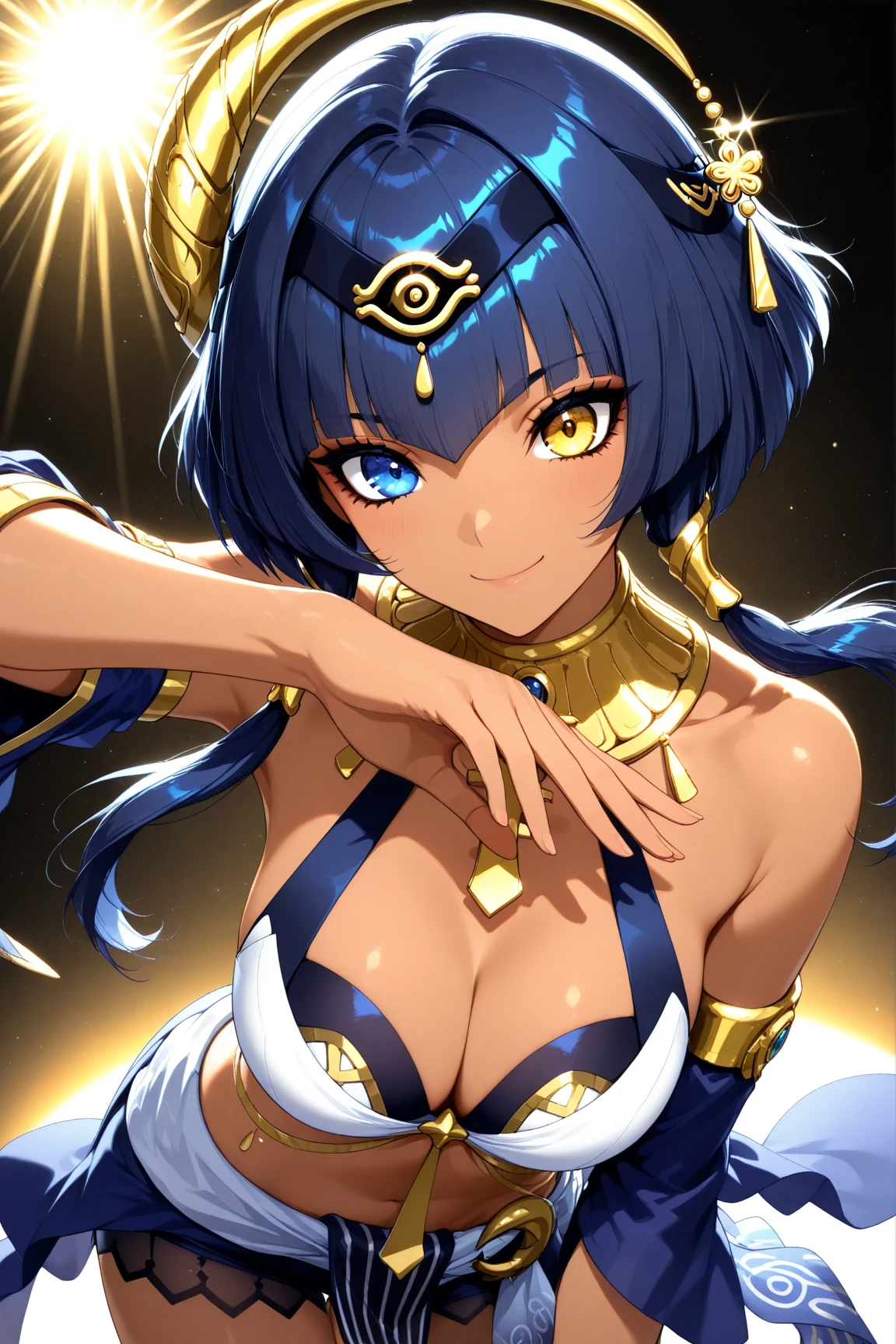 <lora:genshin_all:1>,candace \(genshin impact\), 1girl, eye of horus, heterochromia, solo, yellow eyes, blue eyes, dark-skinned female, navel, looking at viewer, sitting, starry sky, jewelry, short hair with long locks, bangs, thighs, detached sleeves, nail polish, blue hair, bare shoulders, thighlet, stomach, outdoors, cleavage, egyptian clothes, hairband, closed mouth, water, medium breasts, night sky, smile, gold trim, hair ornament, sidelocks, shorts