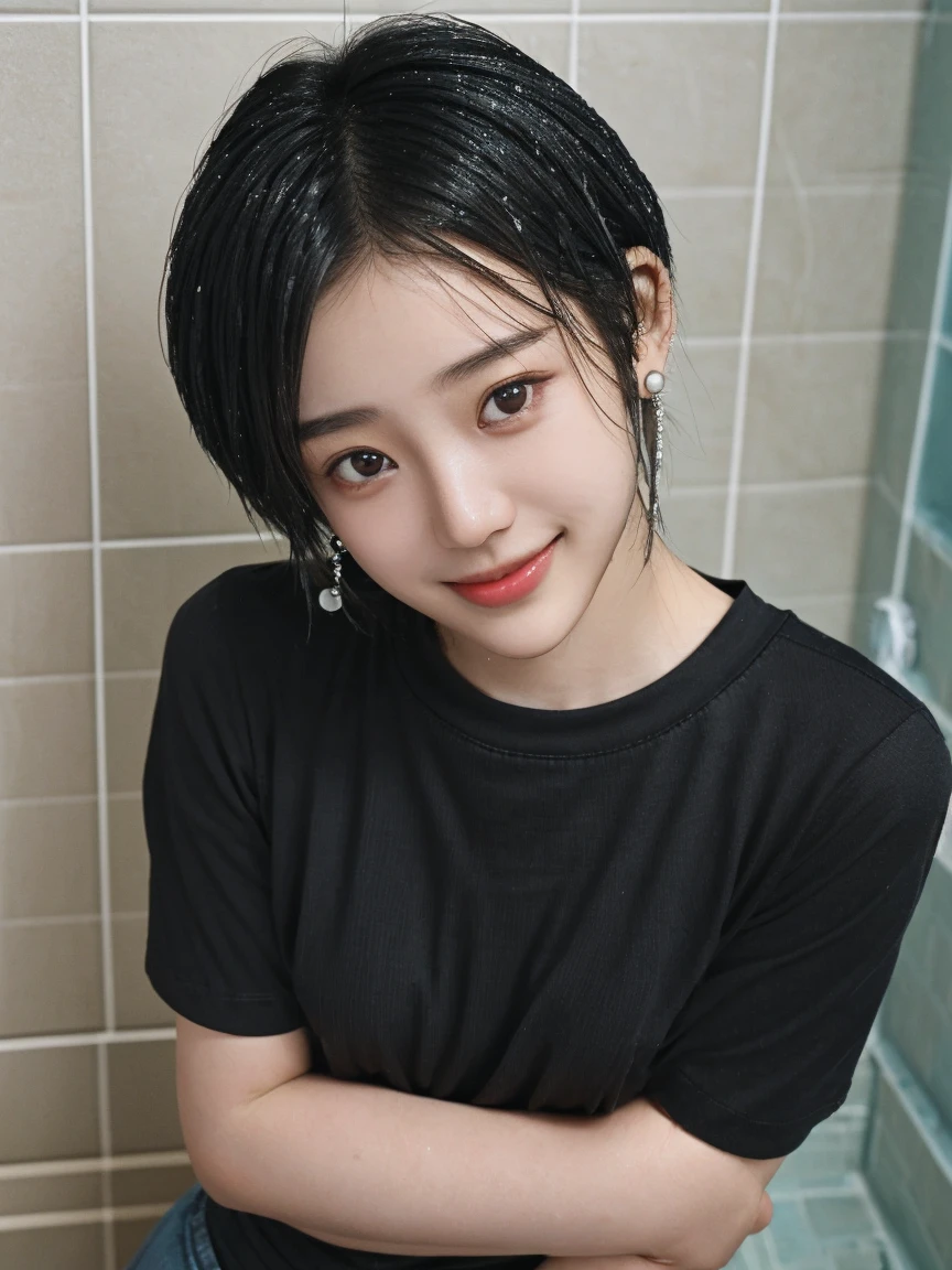 ((top-quality)),(masterpiece:1.4),Raw photography,8K,((Top image quality)),((hight resolution)),Beautiful face in every detail,Realistic human skin,Gentle expression,(One lady:1.3 ),realisitic,Photorealsitic,(extra very short hair:1.4),(Beautuful Women),(cute Japanese girls),(boyish:1.3),(mannish),((Pretty Woman)),(Beautiful hair),((dark brown hair)),(((Red cheeks))),((Her eyes are big)),20-year-old beauty,(her face is small:1.7),small head,((long neck)),pale skin,Spot-free skin,With bangs,Everyone longs for, cut model ,japanese beautiful woman,(lying ,in the bath ,)(((skinny body ,Sweat ,wet))), ((arched back)), (school uniform ,serafuku , g-string ),hand between legs , crotch grab ,Spread legs, Water spills from hip,drooling ,face focus ,look at viewer),from above ,