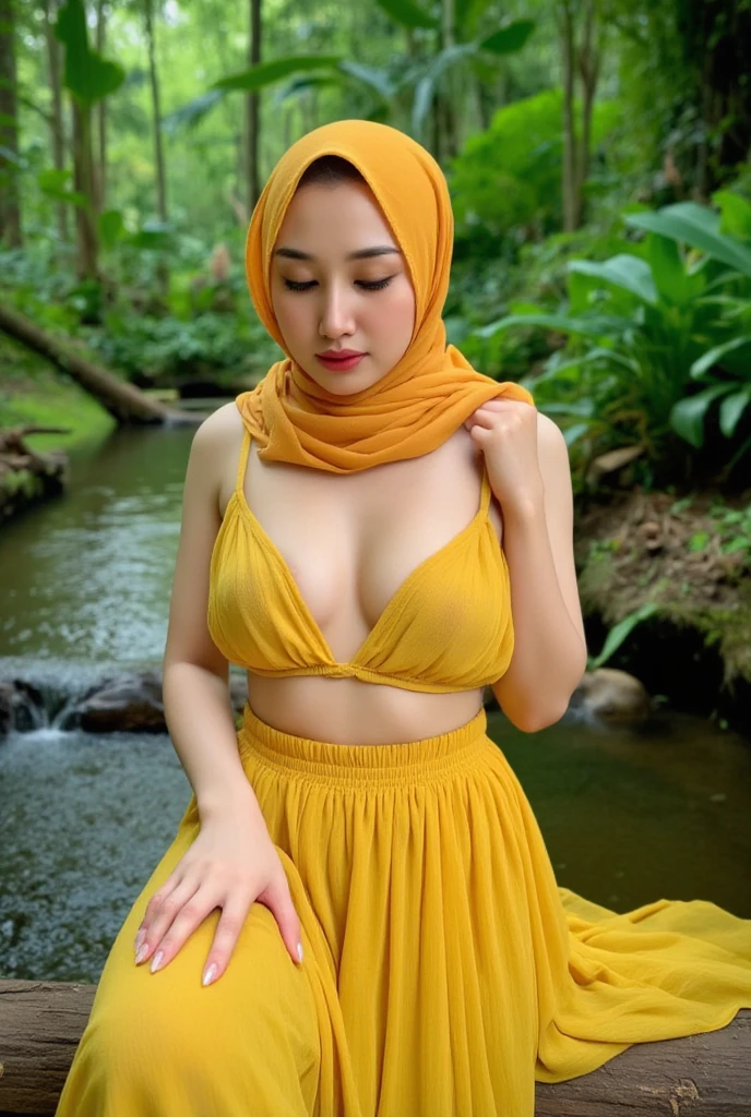 RAW, Best quality, high resolution, Masterpiece: 1.3), Beautiful Emma Watson woman in hijab, Masterpiece, Perfect body, fat wide hips, shows panties, perfect make up, Beautiful big eyes, perfect make up, Watery eyes, perfect nose, Soft smile, Wet lips, Big breasts, ((Wearing a thin light yellow pastel Malay shirt that tight floral patterned, batik, covered hijab)),sitting position on muddy rice paddy field, (( spilled mud on full body)),((mud on face)), muddy rice field, rice field background, ,(big boobs)big breasts, , (cleavage),(characters play),looking to camera, smiling,( long black hair),(perfect fingers),(perfect blue eyes),masterpiece collection,seductive random pose,(full body closeup camera view),high resolution, highly detailed,