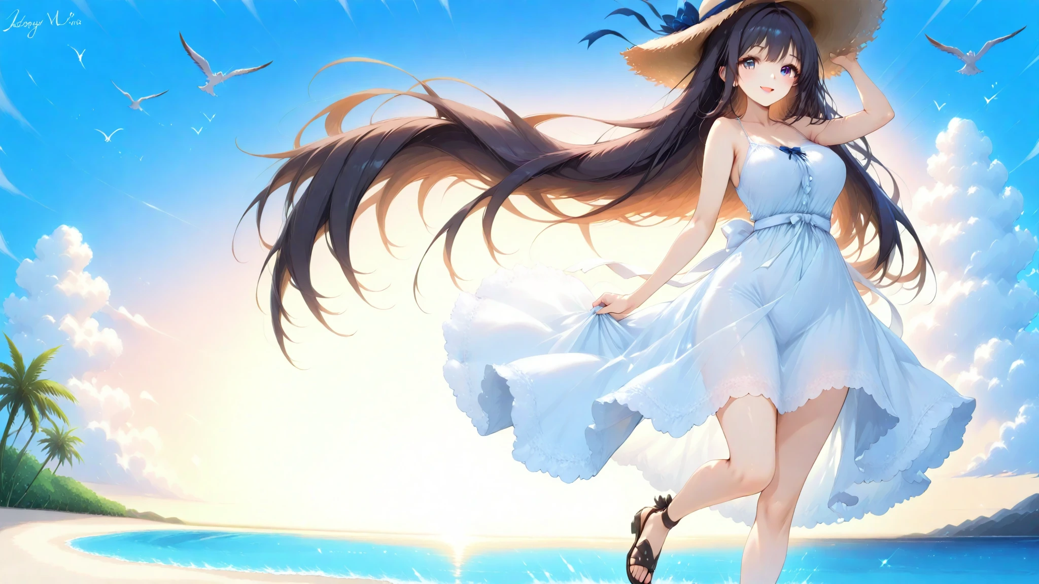 A young woman in her 20s stands on the deck of a luxurious cruise ship, feeling the wind and spreading her arms wide like in Titanic. She has long black hair, is wearing a straw hat and a dress, with a D-cup bust. In the background, there is a vast blue sea and a clear sky, with details of the ship visible.
