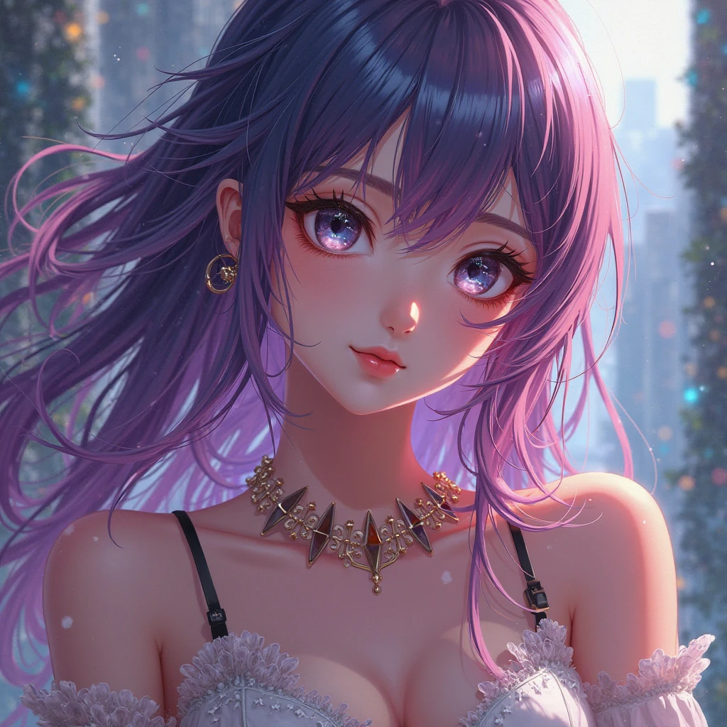 Korean purple hair butterfly woman with headphone and transparent red purple and black dress