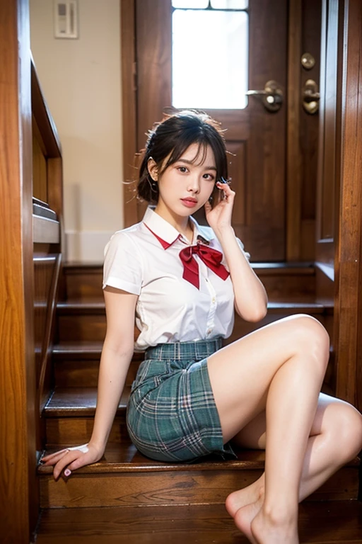 NSFW, 8k RAW photo, top-quality, masterpiece, 超A high resolution, film grains, filmg, 1girl, looking at the viewers, natural skin textures, realistic eyes and face details, Full lips, lipsticks, (makeup), eyeshadows, fluffy short hair, hair messy, a smile, closes mouth, beautiful legs, Tall lady, skiny, slim_legs, 独奏, cleavage of the breast, Pose with your buttocks facing you, Ultra short skirt, buttock, The shirt, Beautiful natural places, Plaid skirt, white shirt, cleavage of the breast, Show a little cleavage through the shirt, lowfers, blurry backround, bblurry, ngel, Plaid, shortsleeves, JK ribbon on neck, JK Ribbon, brown haired, A bracelet, bangss, 校服, jewely, cparted lips, s lips, From the side, pleatedskirt, depth of fields,campus,school buildings,Background blur