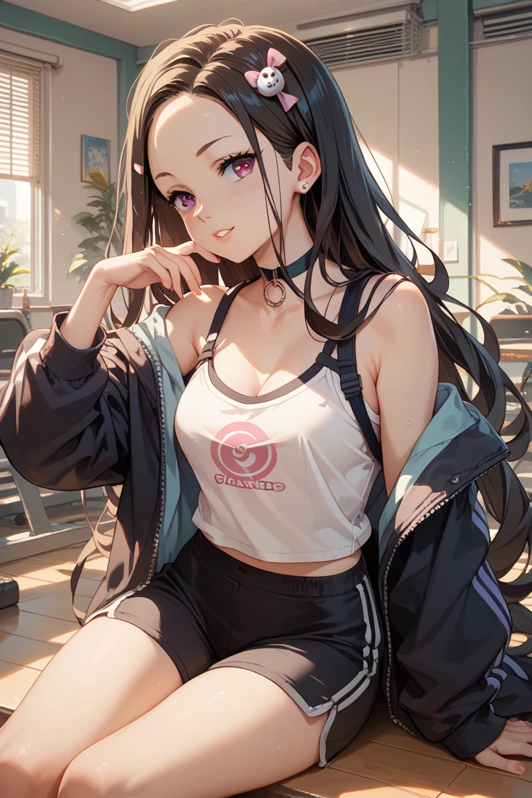 Kanaotsuyuri, Kanao Tsuyuri, Black Hair, butterfly, butterfly hair ornament, (Purple eyes:1.1), side ponytail, ponytail, Tank top, 壊す looking at viewer, High resolution,Bright Eyes,(long black eyelashes:1.5),Toned body,Flat stomach,Fit,タイトなTank top,Low rise running shorts,Erect nipples,The background is a public park,Belly button piercing,Wide Hips,Curvaceous,smile,Expressive,