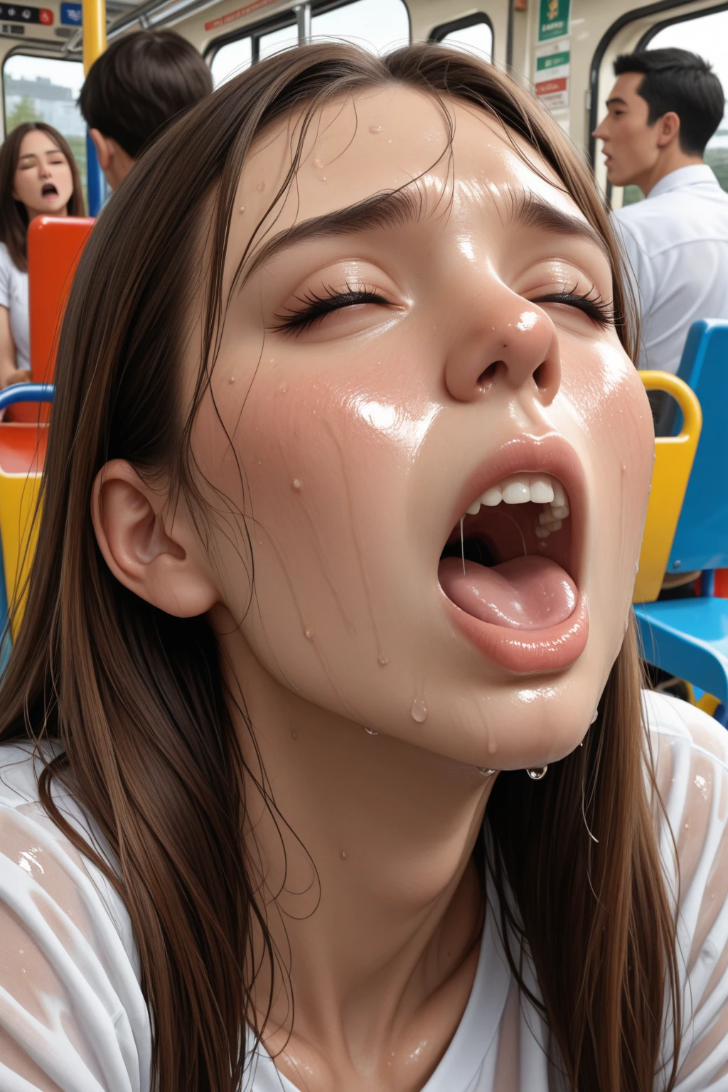 Emma Stone is scared, A man stands in front of Emma Stones, the man is pushing her face toward his groin, his penis is large and dripping, he pulls her toward his penis, she cries, she is performing fellatio, he forces her to give him a blowjob, he pushes his penis into her mouth, she is forced to suck it, his penis drips with semen, another man rubs his cock on her cheek, her face get covered with semen from the penis , she is screaming, she is disgusted, her her hands are tied up,  the man is pulling on her hair, his penis sprays Harley in the face with cum, her face is drips with semen, she is screaming and scared, she is crying, semen drips from her cheek, her breasts are soaked in semen, he skin wet from the cum, she doesn't want to do this, but he uses her like a sex slave