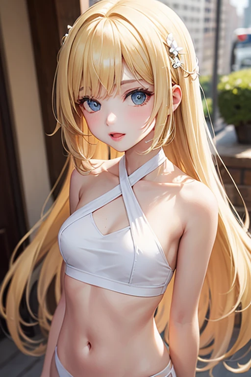 18 year old beautiful girl, ojos grandes, senos grandes, delgada, Small, 8k, calidad superior, (Cabeza muy detallada: 1.0), (cara muy detallada: 1.0), (cabello muy DetallaDo: 1.0), Arte oficial muy detallado, Estilo de arte Anime Moe, Arte de anime limpio y detallado, They are smiling, cabello dorado, cabello largo y liso, pecho desnudo, Black lingerie