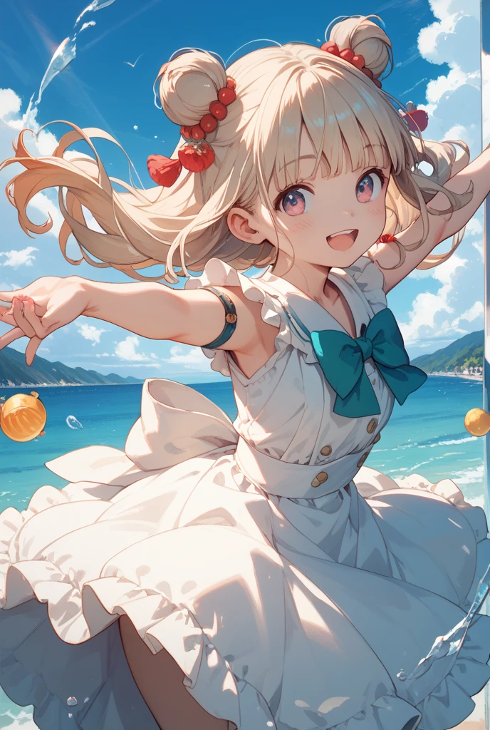 ((masterpiece, 4k, 8k, highres)),
BREAK
On sandy shores where waves embrace,
A little girl plays with a cheerful face,
In sparkling waters, her joy takes flight,
Laughter and sunshine, a heart's delight.
BREAK
Giggles ripple, like waves that kiss,
Tiny footprints left in the wet bliss,
Splashing and twirling, carefree and free,
Her spirit dances in pure glee.
BREAK
Sun-kissed hair and windswept grace,
A sunny smile on her sparkling face,
Beach's magic, a treasure trove,
In her laughter, the world does rove.
BREAK
With each splash and every leap,
In art's canvas, her happiness seep,
A little girl's play by the ocean's shore,
A memory forever, in waves' encore.