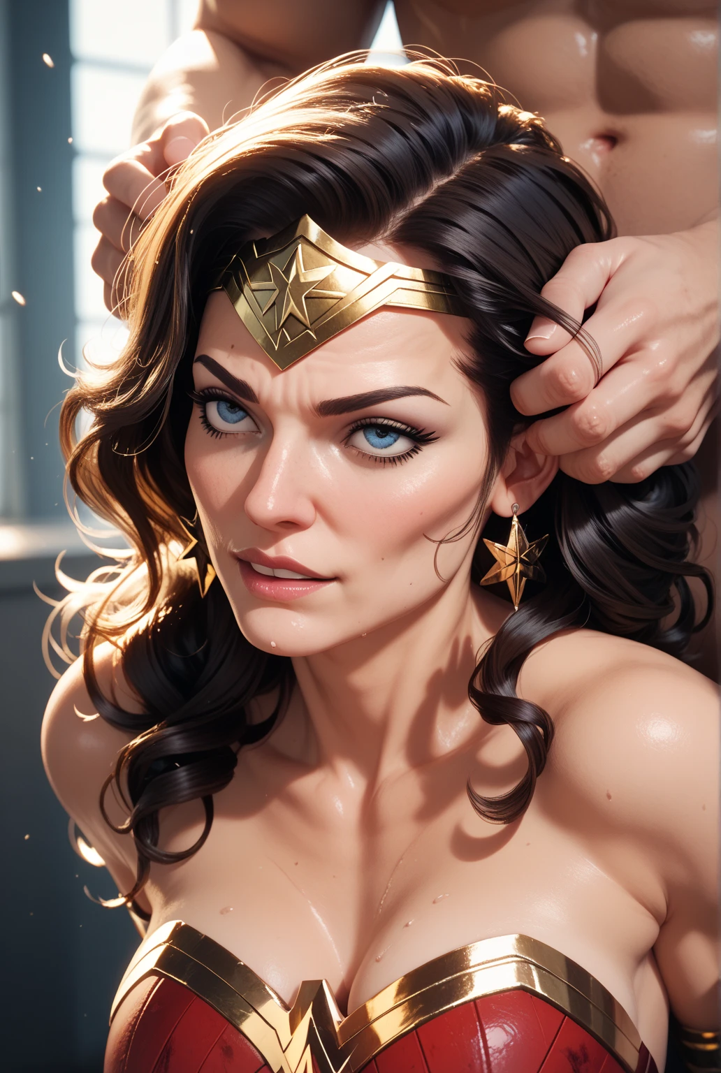(masterpiece:1.3), (8k, Realistic, RAW Photos, highest quality: 1.4), ((One girl)), ((Gal Gadot, WONDER WOMAN)), Beautiful Face, (Realistic Face), Beautiful hairstyle, Realistic eyes, Beautiful fine details, (Realistic Skin), Beautiful Skin, Absurd, Charm, Ultra-high resolution, Ultra-realistic, Very detailed, Golden Ratio, (Best Shadow), Cinematic, (Complex:1.4), (Accurate hand and finger depiction), smile, Sweat, Flushing, Voluptuous body, NSFW ((Penis rubbing cheek)), ((1boy, 1penis:1.1)), BREAK ((Inside the ruins of a Greek temple)), (steam:1.2), cowboy shot