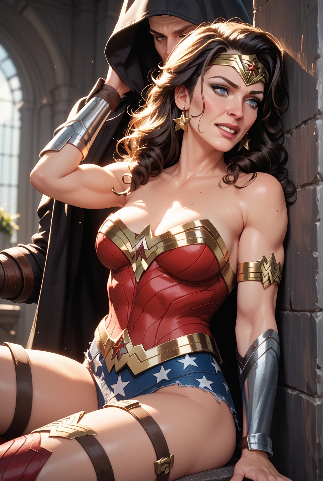 wonder woman costume, big sized breast, cleavage, MILF, thigh legs, Long black hair, hair over shoulder, brown eyes, perfect curvy shaped body, wonder woman costume, ultra realistic squinting sexy eyes , massive sized breast, standing, thigh legs, brown colour eyes, ultra realistic detailed shiny brown eyes, beautiful and perfect face, sunlight and garden background, black hair, bright brown colour eyes, wonder woman costume,