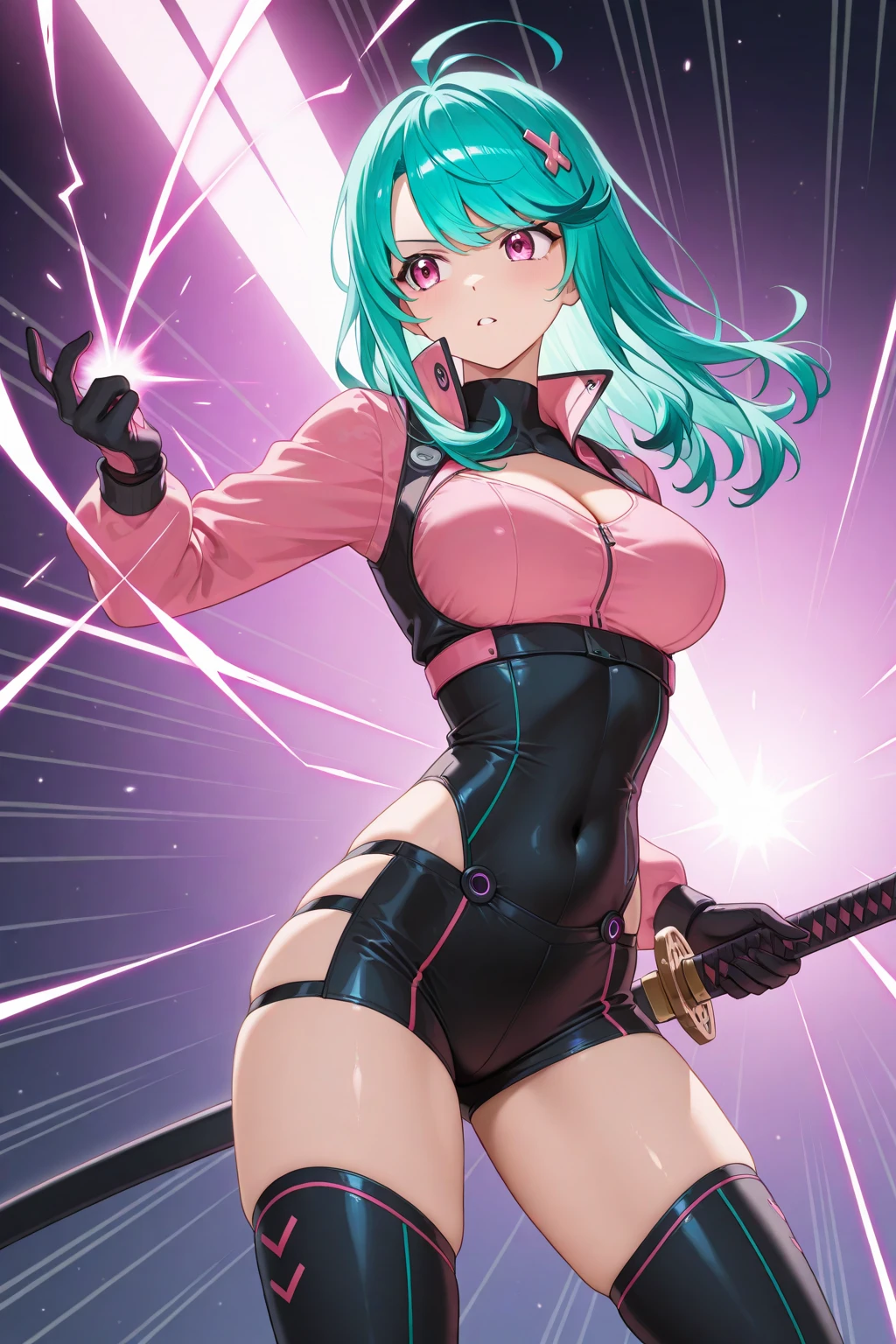 1 girl, anime, futuristic setting, tall, elegant tuxedo, neon green hair, pink streaks in hair, orange eyes, muscular, sleeves rolled up, messy hair, ponytail, beauty marks, moles, sharp teeth, shark tail, smirk, suit, pants