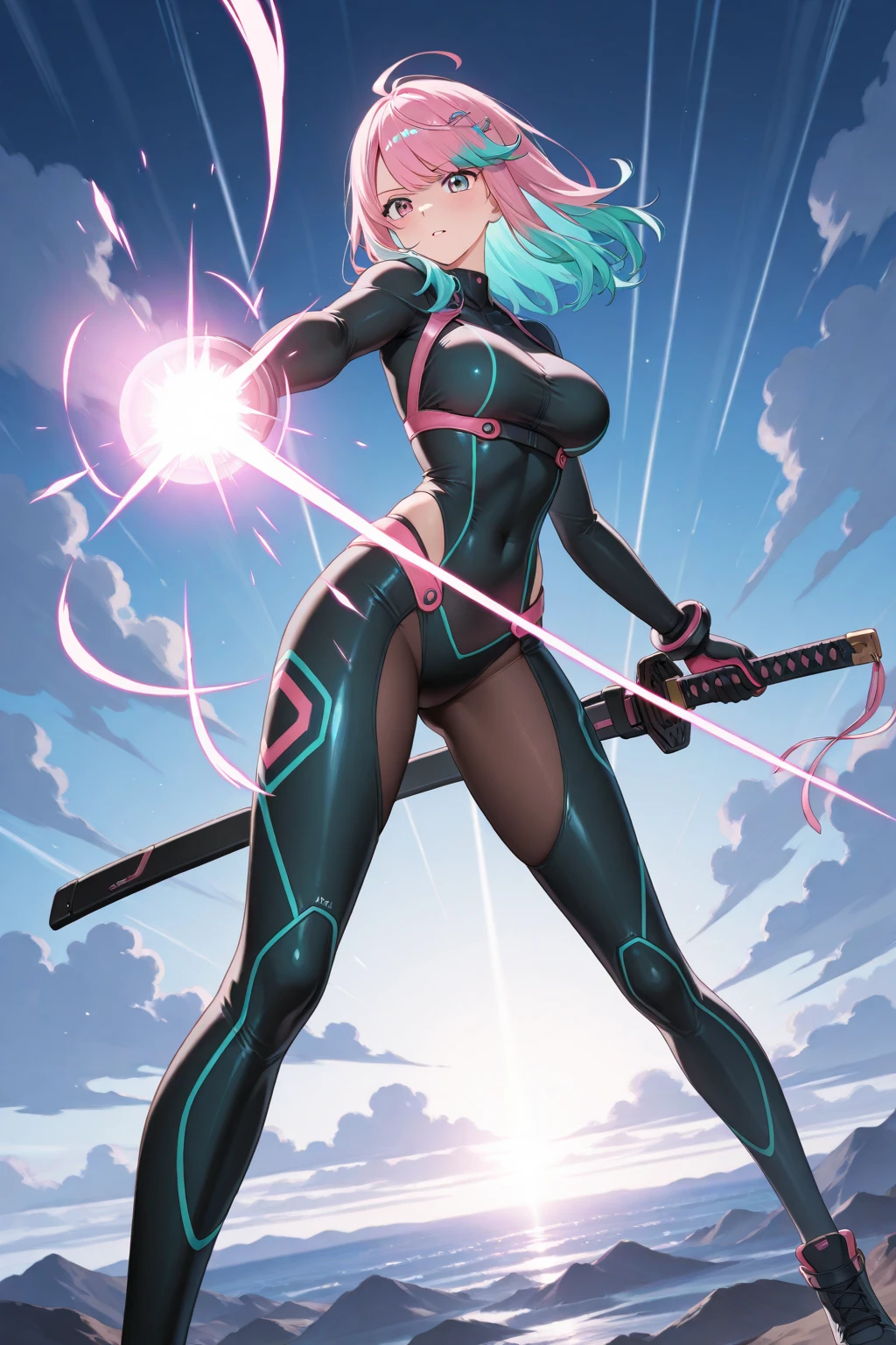 1 female, front view, pink hair, full body, feisty look realistic lips, neon blue techno spandex, small waist, wide hips, , exposed cleavage, fighting pose, pink tactical belt, standing in front of a mecha, hourglass figure, annoyed, in a jungle, short hair, best quality