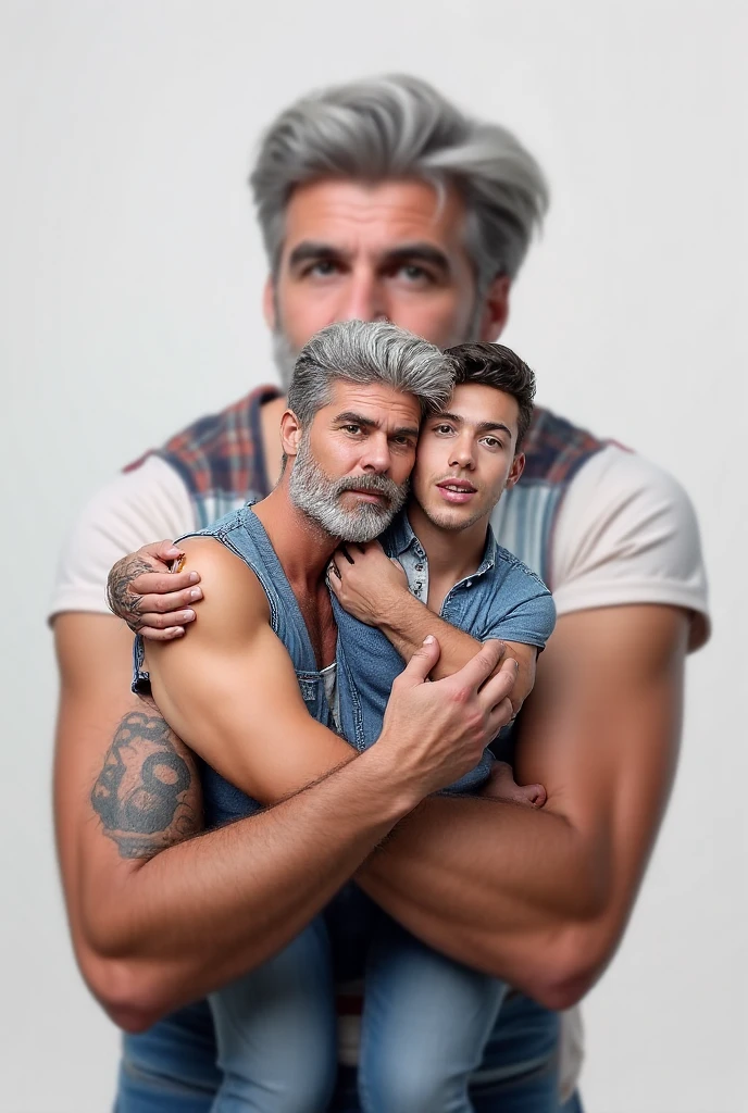 barbado, Gray haired mature father and passionate naked teen son showing off their naked bodies and flaccid penises posing nude