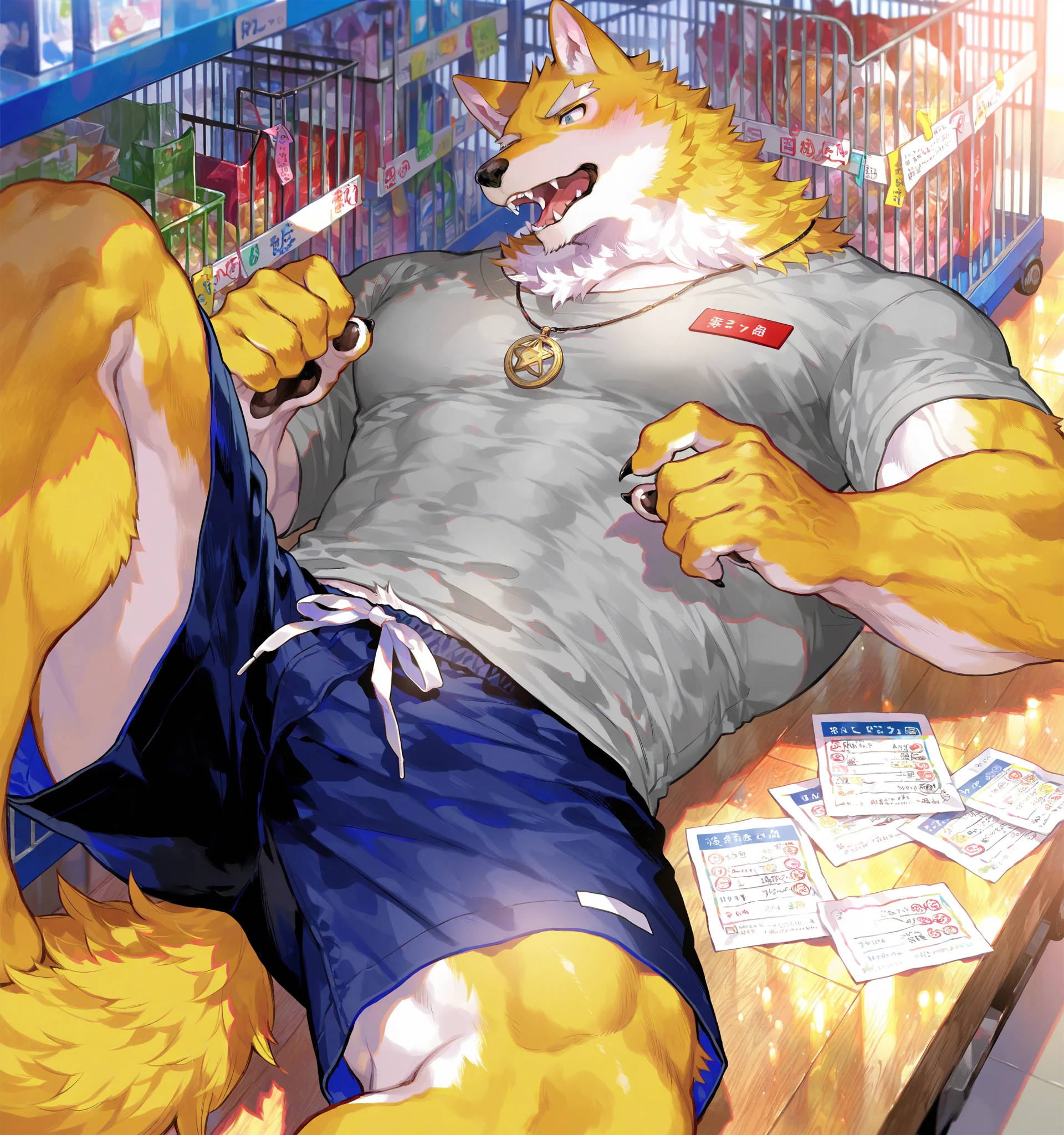 <lora:Torahiko v3-000004:.8> torahiko, pecs, tank top, shorts, leaning against a vending machine drinking a soda, ((low-angle view, worm's-eyes view, from below,)) ((genital focus)), (handsome face!), high res, absurdres, hi res, masterpiece, masterwork, 4k
