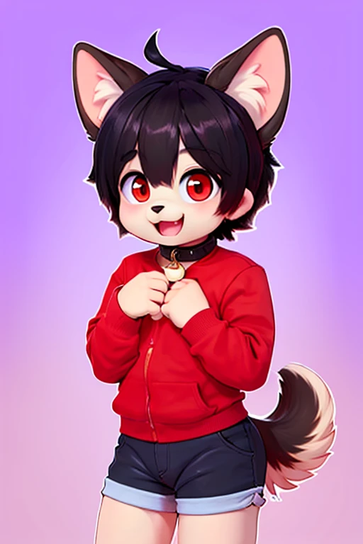 Fennec fox, cute girl fox, kid, chibi, short hair, black hair with red highlights, red eyes, black shirt with a white skull, smirk