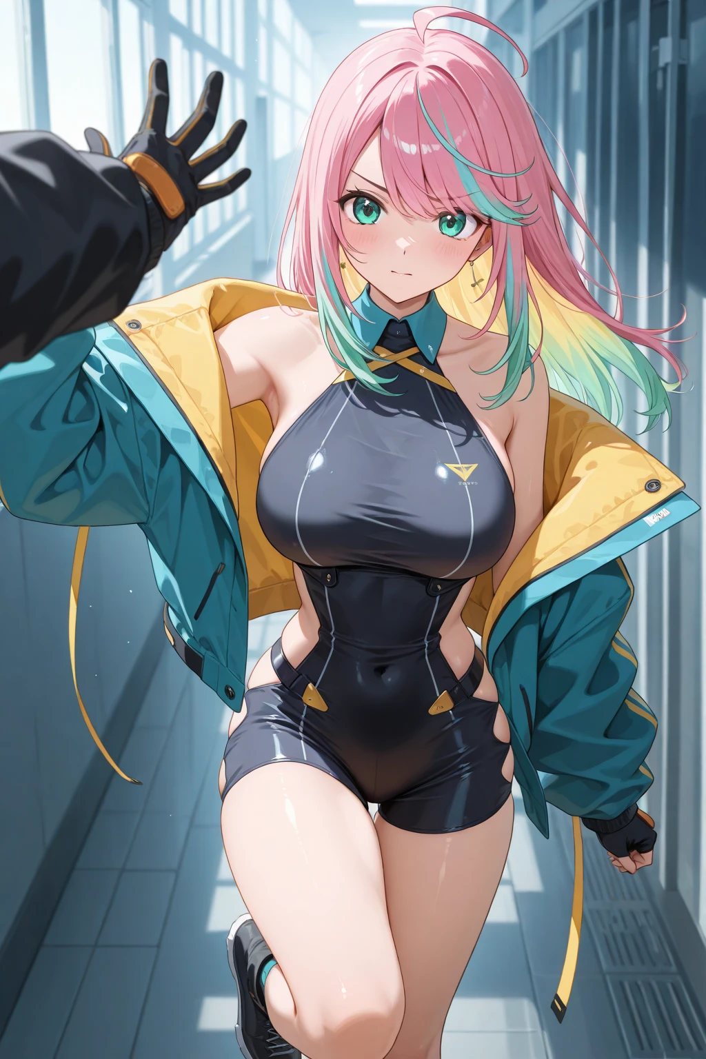 Woman body defined thick thighs cybernetic body parts, short underwear