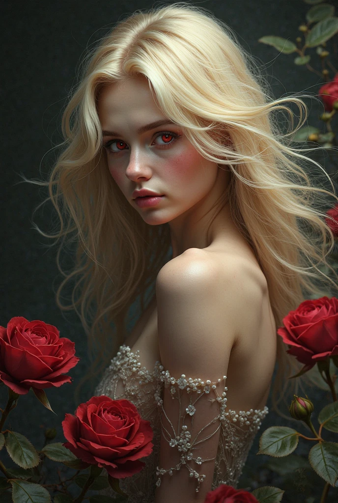 masterpiece, highest quality, (solo focus), (perfect face:1.1), (high detail:1.1), (hyper detailed eyes), dramatic, 1guy, (Pale skin), long blonde hair, (red irises), individual focus, Vampire, long hair, moon, night, Red luxury suit, pouty lips, castle, detailed background, art by artgerm, cinematic lighting, red roses, fashion