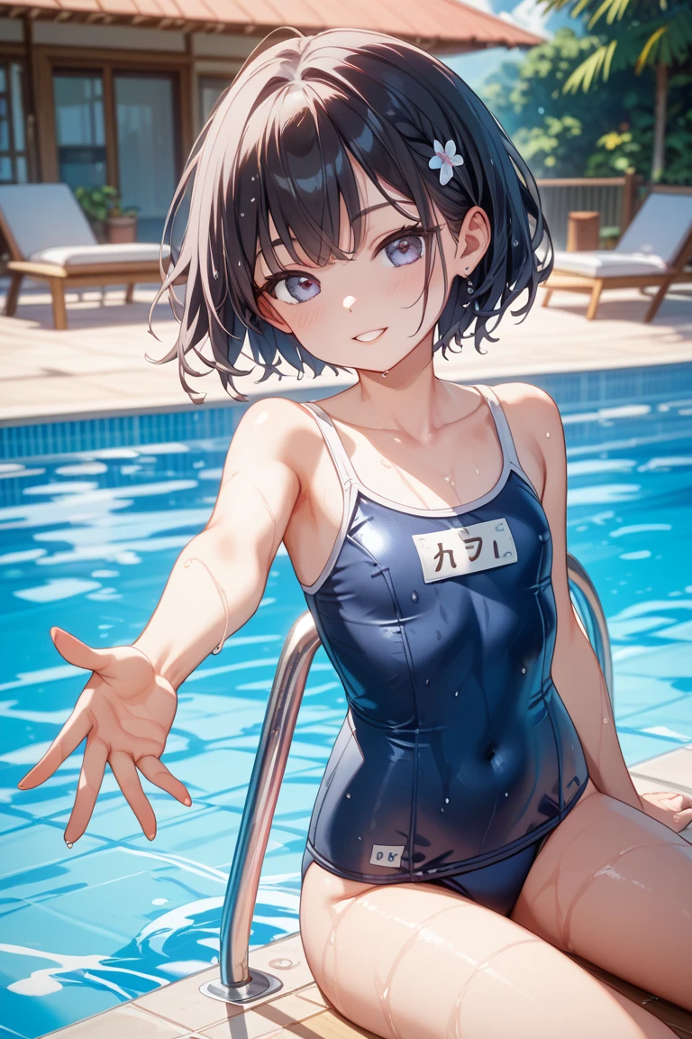 (masterpiece:1.2, Highest quality), (Realistic, photoRealistic:1.4), Beautiful illustrations, (Natural Side Lighting, Cinema Lighting),
View your viewers, Upper Body, (Front view), 1 girl, Japanese, high school girl, Perfect Face, Cute and symmetrical face, Glowing Skin, Baby Face,
(short hair:1.5, Pixie Cut:1.4, Blonde), Pin your bangs back, Red eyes, Long eyelashes, (Large Breasts:0.6),
Beautiful Hair, Beautiful Face, Beautiful attention to detail, Beautiful clavicle, Beautiful body, Beautiful breasts, Beautiful thighs, Beautiful feet, Beautiful fingers,
(School Swimsuit),
(Beautiful views), evening, Squatting in the pool, (Cute smile, Upward glance),