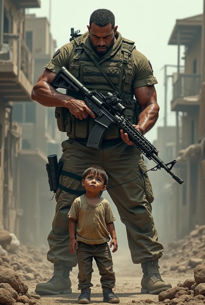 Create a portrait of young man carrying a baby in a war zone with gun, realistic portrait and detailed cg.