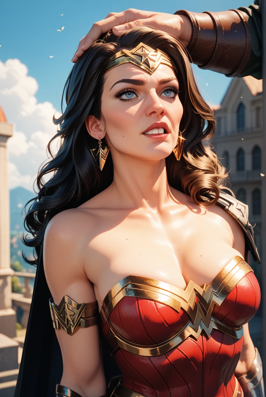 g4lg, wonder woman, ((wearing a white Real Madrid tshirt)), (pretty face:1.2), (finely detailed face and beautiful eyes), mature female, muscle, bare hands, (armlet, blue armor skirt, bracer, head ring ), (black eyes, black long hair, messy hair, floating hair), ((white Real Madrid tshirt)), (long proportional legs), (best quality:1.1),(city background:1.2), dark_fantasy,, ((masterpiece)), 