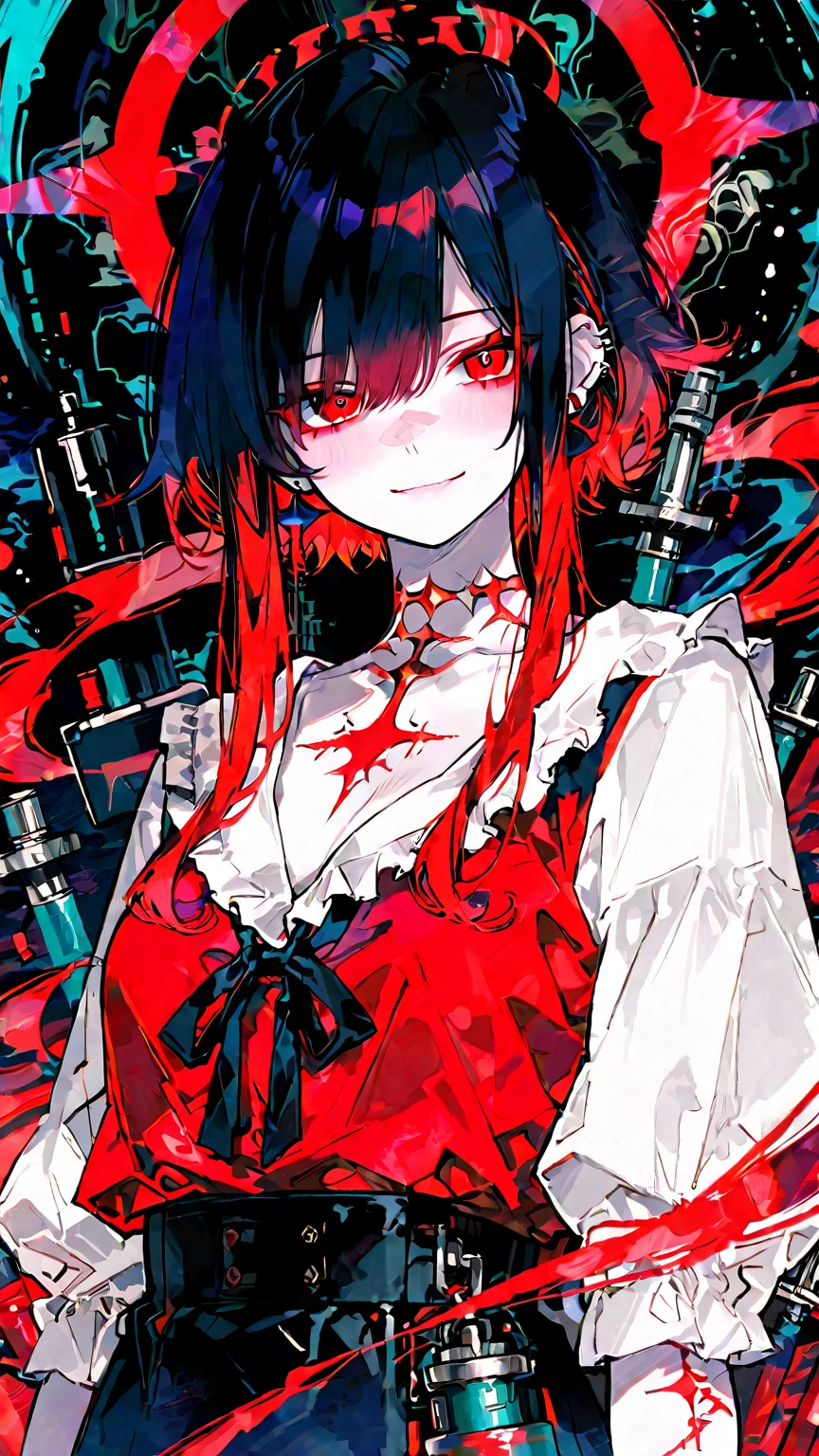 1girl, (chaotic ambient), dark, (devils), powerful, scar, armpits, dark hair, red eyes, dark power, ((red japanese photo frame)), dark flower, roses, dark roses, blood, bloodstain, serious expression, (red and black vibes), japanese style building, hell, ((dark atmosphere)), scary, spooky, raining blood, (dripping rain), beautiful girl, sexy, falling roses, fighting, devilish power, torn clothes, torned, (wry smile), 5 fingers, fixed hands, human hands, hot, garden of blood red flowers in the background, (many japanese ornament), (big blood-red moon), moonlight, garden of roses, (proportional body), bloody atmosphere, cleavage, (navel), seductive