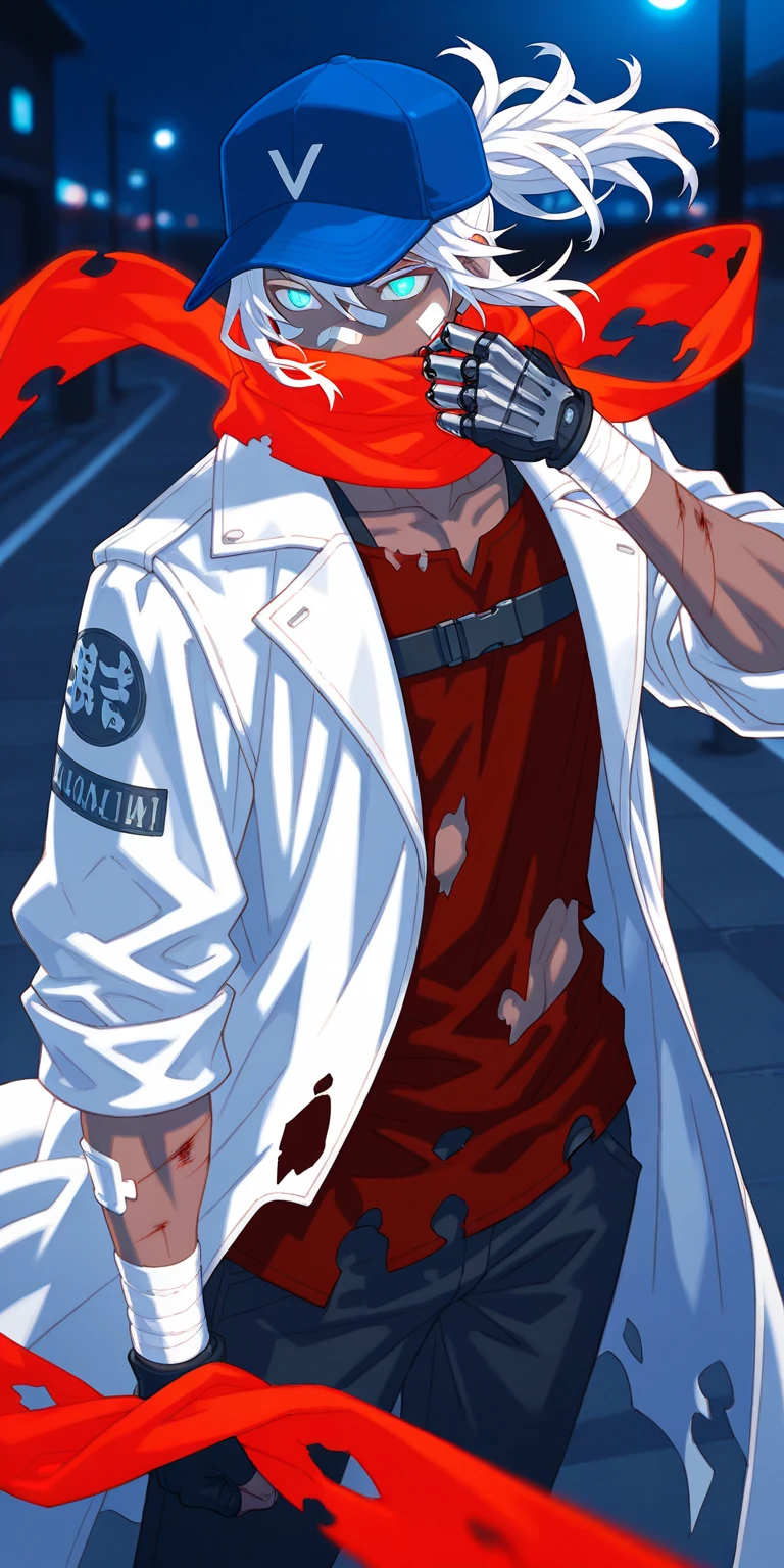 1boy, glowing red mechanical eyes, white hair, masterpiece, HD, vibrant, horror, full body view, blood over mouth, grin, black trench coat, peaked general cap, wolf ears