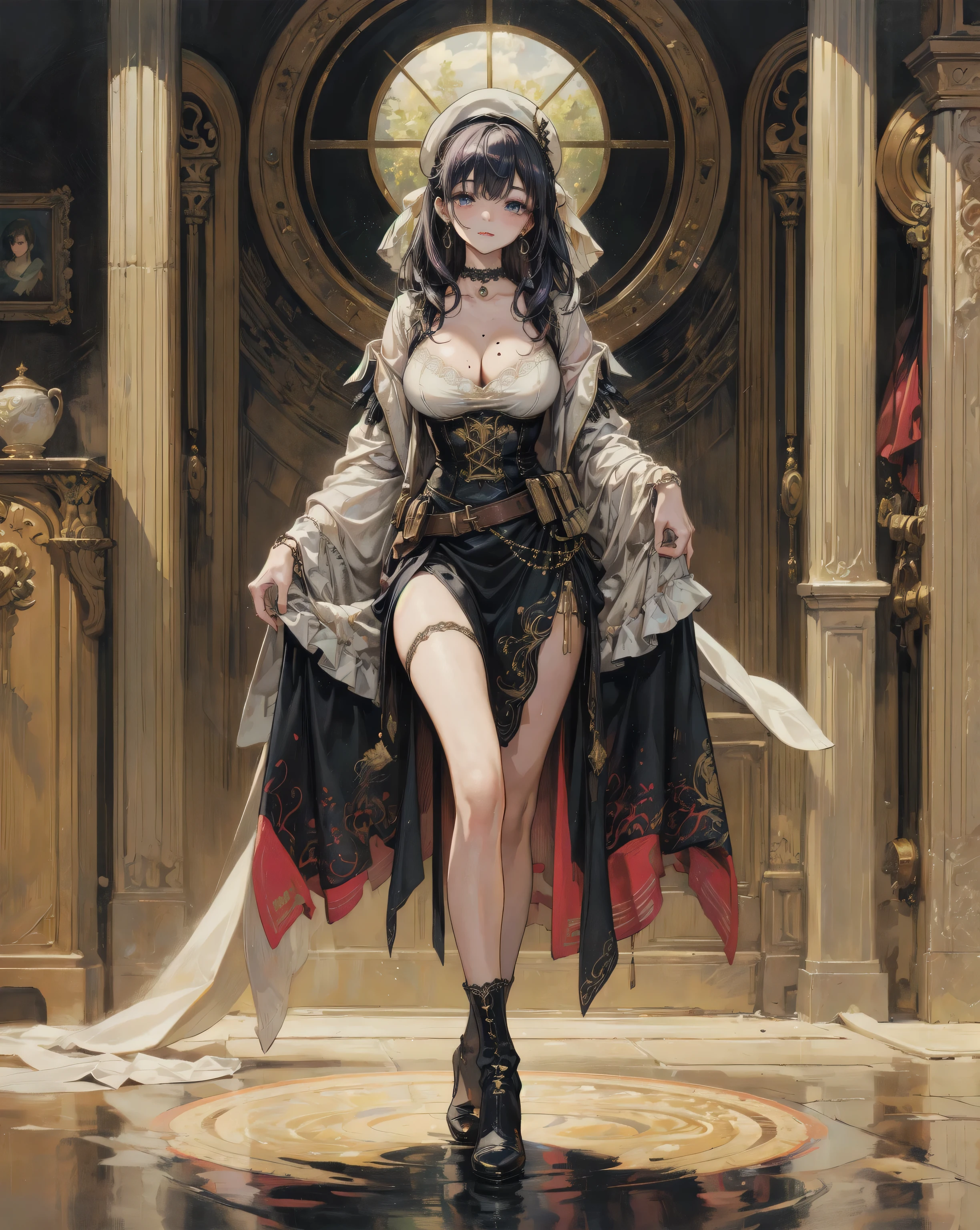 (1girl, yuri alpha:1.0), (anime overlord), (solo:1.4), (Maid_Dress), (narberal_gamma, in maid dress), (64k, UHD, Raw photo, highes, Best Quality, mastepiece:2.0), (Ultra-fine depiction of details:3.0), (a serious, loyal, hard-working maid head, the vice-captain of the "Pleiades Six Stars", the battle maid squad of the Great Tomb of Nazarick), (a beautiful woman with an intelligent look), black hair, (elegant, vivid blue bowtie, ribbon:1.3), (green wristband), (She is equipped with highly elaborately designed, dark emerald green spiky gauntlets:1.5), (perfect face, perfect body, perfect figure, pink lips, slight blush), (cool, intellectual glasses), (slightly glowing blue eyes:1.3), (shiny sleek long hair, single hair bun, single braid bun, double bun), (silky, high-quality, majestic, gothic, ((low-key)), simple, maid dress:1.0), (vivid blue gothic style choker:1.3), (pure white maid apron:1.2), (gigantic breasts, almost brimming out of maid dress:1.2), (sexy cleavage:1.1), inhouse, studying the orders issued by the master of [the Great Tomb of Nazarick, Ainz Ooal Gown], the room is filled with solemn atmosphere, (long shot, full body shot), (perfect lighting,)