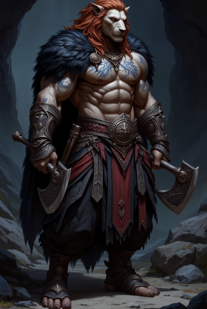 male Orc symbaroum with the axe on hand , and dark violet tattoo, masterpiece 8K UHD, mystery atmosfera , fit body,