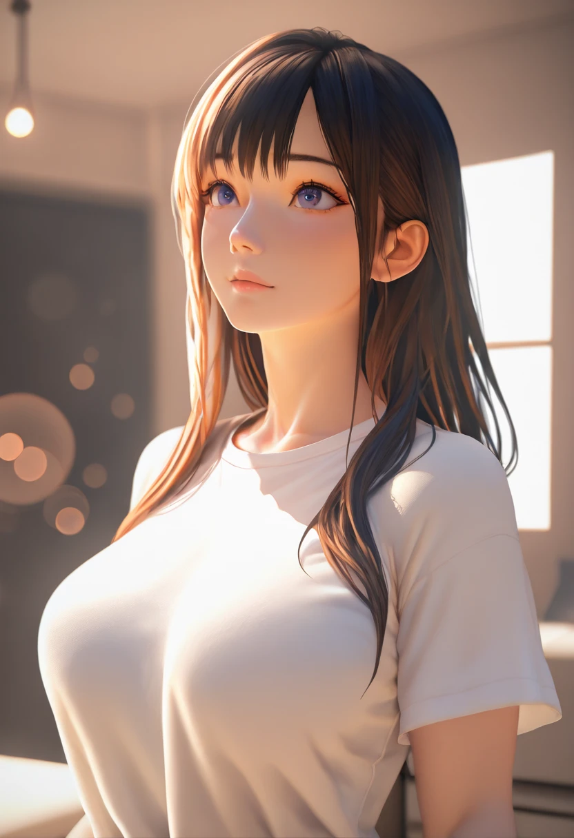 masterpiece, highest quality, One Girl, Thighs, beautiful girl, Flowers, たくさんの小さなflowerびら, flower、Small waist, RAWphotograph,Bright lighting、Face Light, Dynamic Lighting,  Ultra-realistic, High resolution, photograph, Sharp focus, Highly detailed eyes and face,Symmetrical face, whole body、Large Breasts、Long Hair、チラリと見えるThighs、Deep valley、Beautiful cleavage shorts、A skin-tight white shirt、pregnancy、Model standing