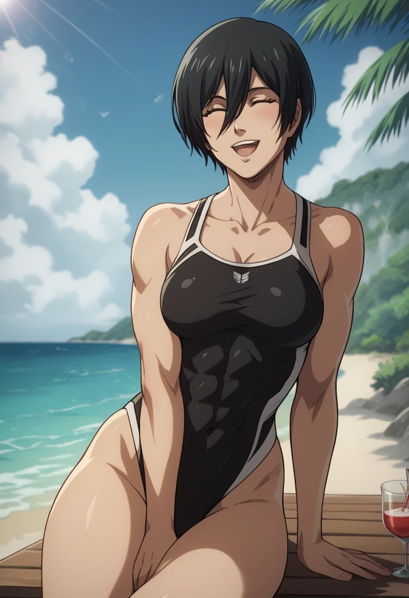 rating ????????, tall beautyfull woman, bayonetta shape, golden robotic arms, short hair, golden earring, black bikini, golden bracelet, sit in water, in beach, slender body, natural body, milf
