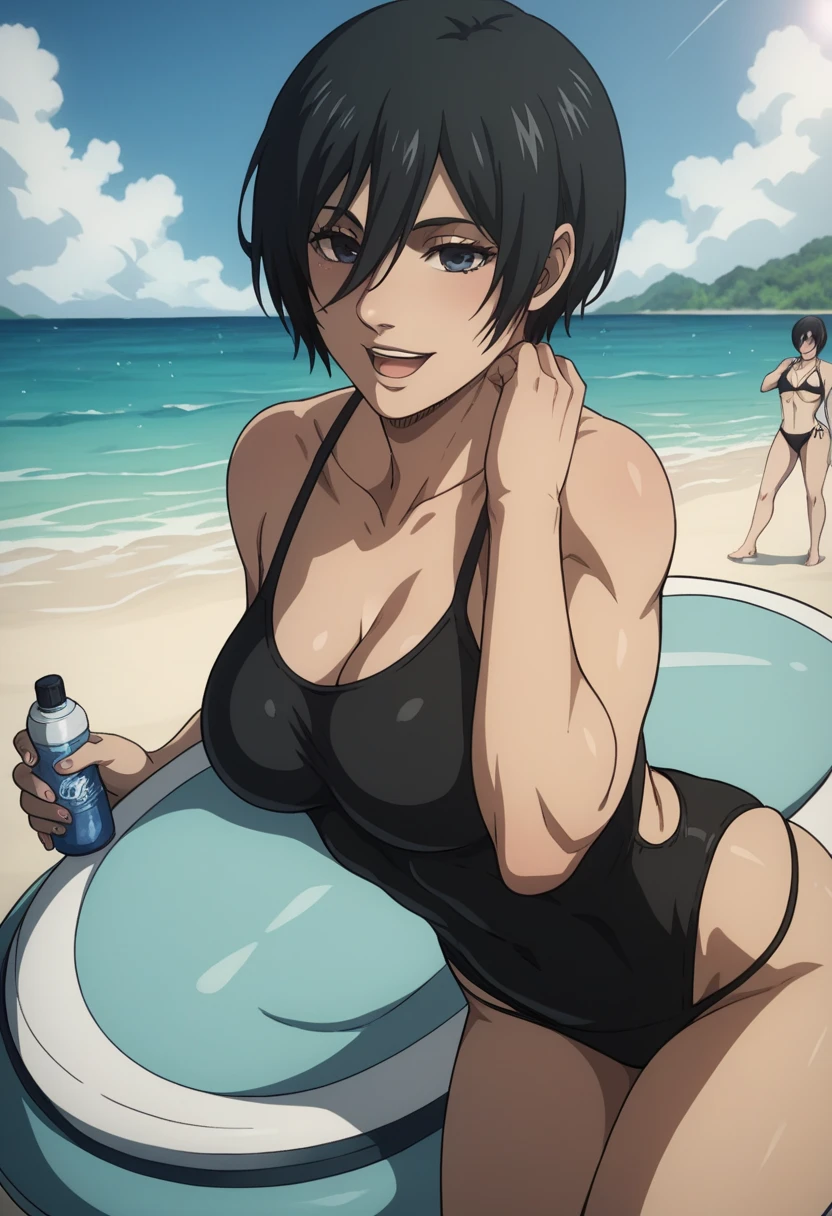 tall mature beautyfull woman, based bayonetta,cybernetic implants, short hair, black chic glasses, golden earring, black bikini, golden bracelet, sit in beach