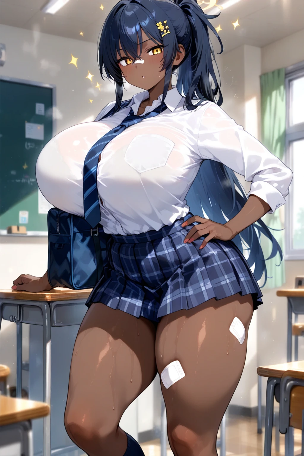 Enormous massive gigantic big large fat breasts   chubby girl:nagatoro_hayase enormous breasts futanari, brown eyes, black hair, long hair, dark skin, dark-skinned female, tan, tanlines, hairclip, , white shirt, collared shirt, pleated skirt, enormous cock under the mini skirt ,A mischievous girl with a sly grin, standing in a school classroom. She has sharp, narrow eyes giving a teasing look, and her eyebrows are raised in a playful manner. She wears a  with a playful twist: a colorful tie, funky socks, and a few quirky accessories like bracelets and hair clips.with a very big, round and plump ass stretched and lifted ,enormous fat large thighs legs, and she’s leaning slightly forward, one leg slightly ahead of the other, as if she’s about to make a witty remark. The classroom background includes desks, a blackboard with some doodles, and a few scattered papers on the floor. 