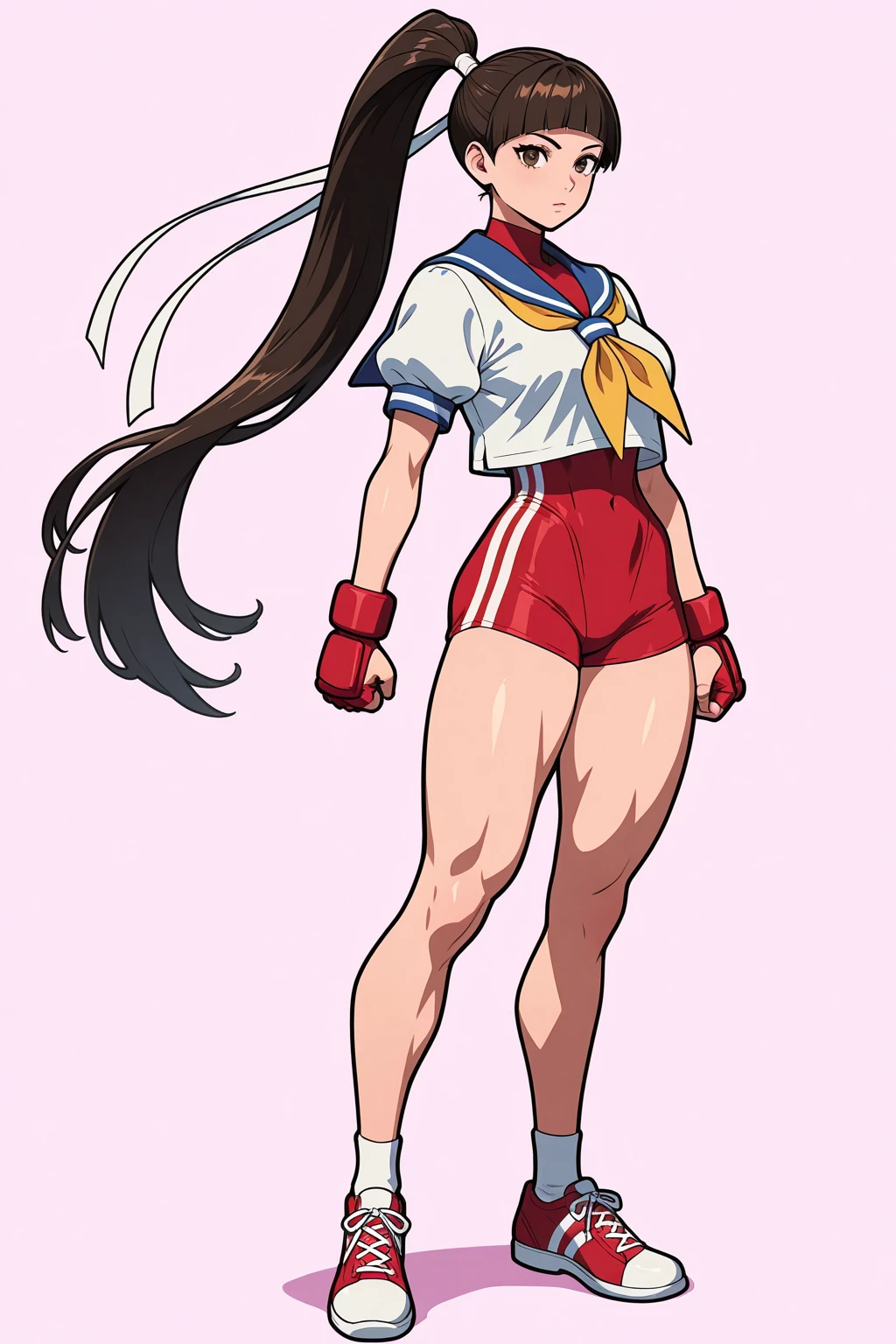 Full body toe to head 1solofemale Cammy White from Street Fighter white skin, scar on left cheek and abs, standing pose yellow bikini, 2legs, 2arms, muscle abs toned, slender body, long silver white hair, purple eyes, hands on hips red gloves gauntles, red military boots ((plain background)) 8k, high quality picture, high detailed picture, sunny day, open sky, (full body shot:1.3), tall fit girl, very long staright hair, brown with a black tint hair, smooth bangs, perfect brown eyes, neat dark eyebrows, plump lips, pale skin, (muscular girl:1.1), strong heaps, (accurate huge breast:1.2), bursting breast, wide hips, pioneer neckerchief, tight short blue skirt, white shirt, short sleeves, collared shirt, belt, eyelashes, red neckerchief, breast pocket, nipples trough clothes