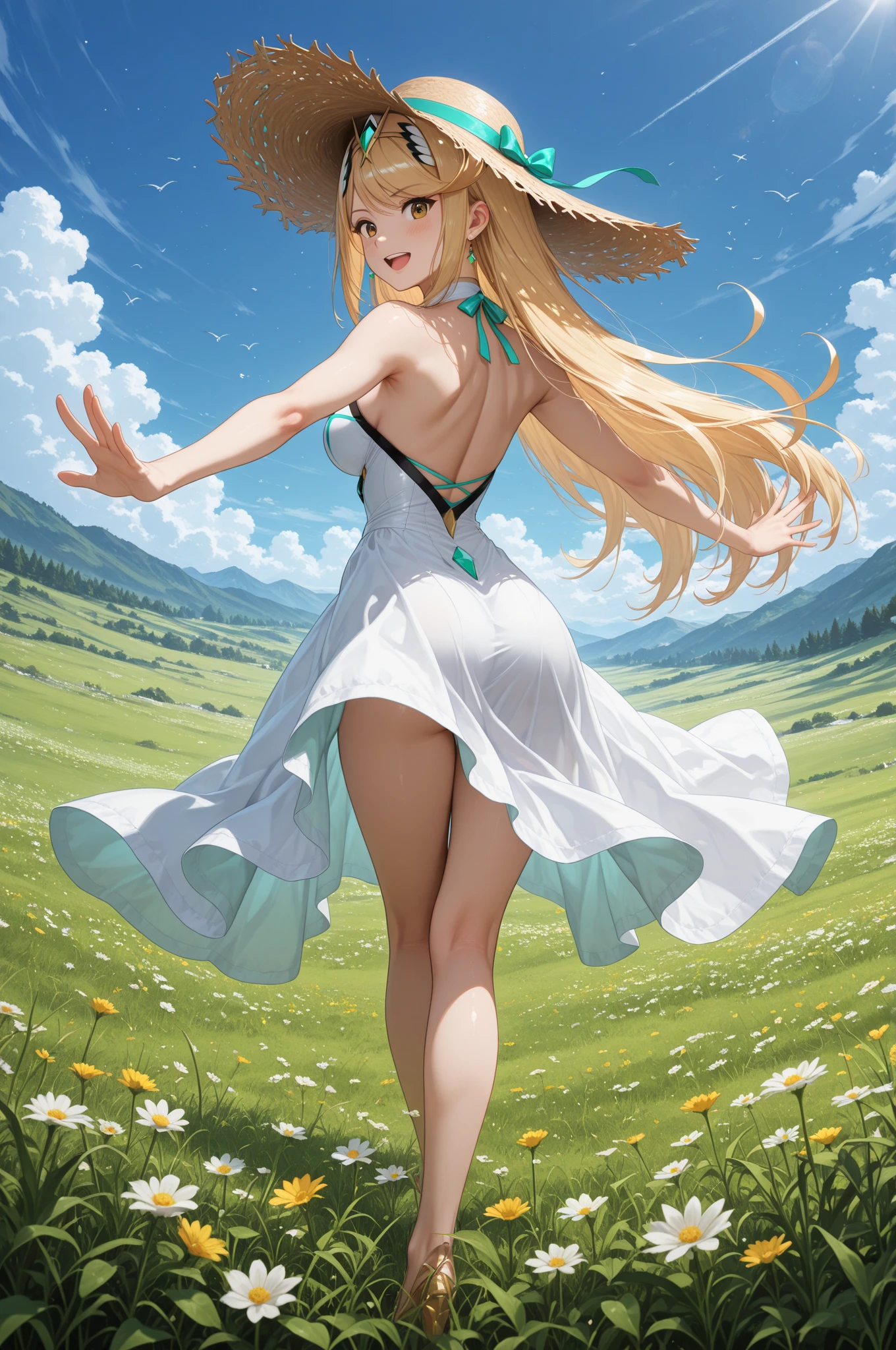 (An exquisite slender girl with a perfect face and blond hair in a light summer light sundress on a naked body barefoot) rushes (((on a small fantastic futuristic aircraft (without wheels)))), SIDE VIEW, in profile, summer, Wind, wound, Sun, meadows and fields, forests, on another planet