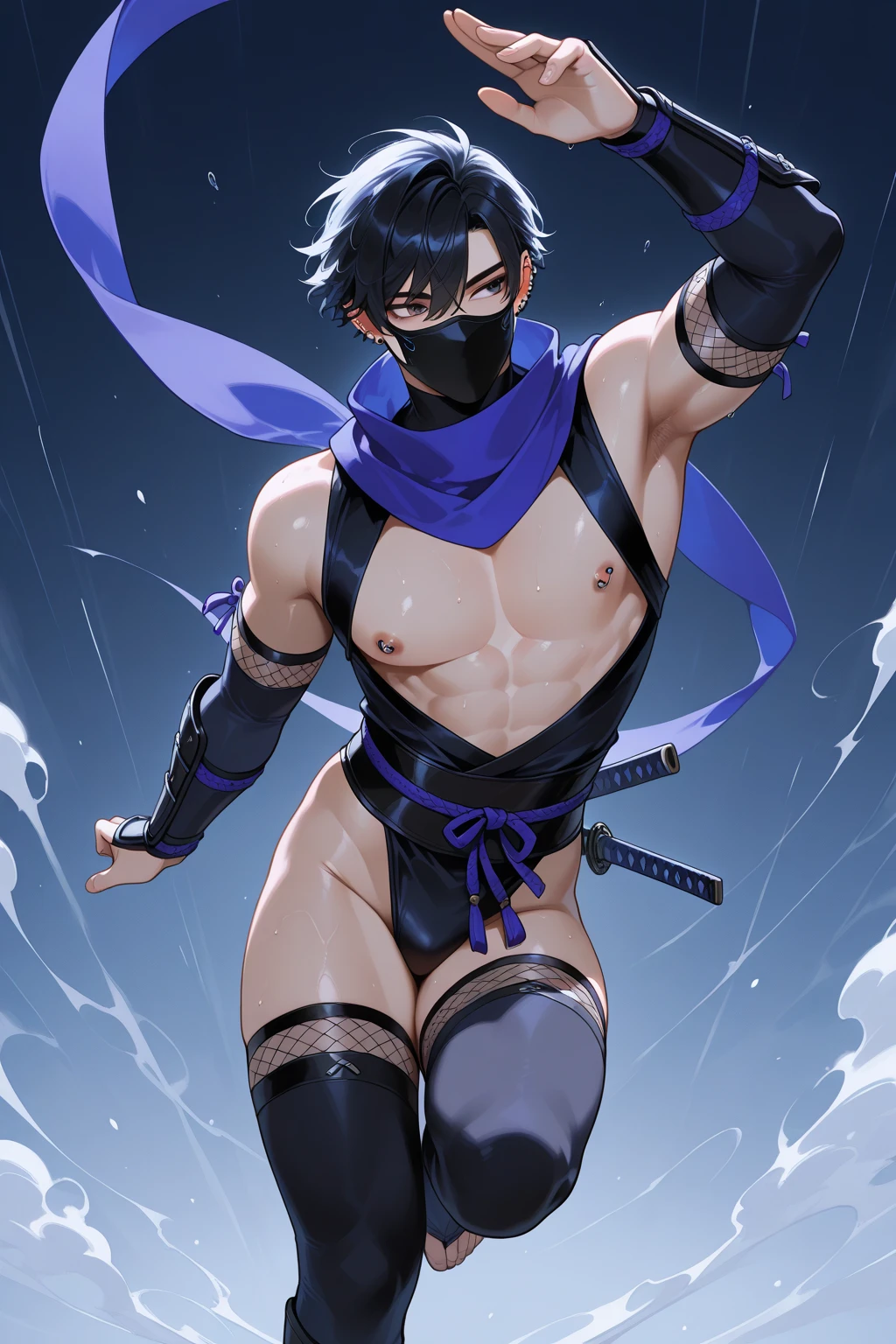 Male arab warrior, solo, medivial, black balaclava, black bandage, black clothes, thin waist, skinny body, makeup, black eyeliner, femboy, choker, light skin, black long gloves, nude penis, penis, kneeling, holds his dick