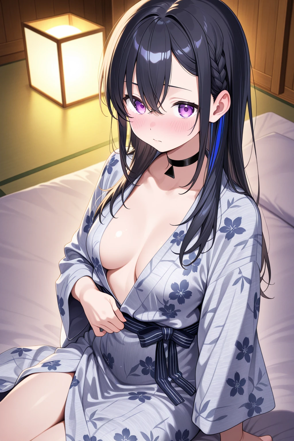 closed eyes: (narrowed eyes:1.3):11、(on stomach:1.5),lying down , , Realistic, real person, (pale skin: 1.2), RAW photo, photorealistic, shiny skin, shiny hair、 (A 25-year-old woman with straight hair and bangs) and (medium hair) and (black hair) and (purple eyes) , (purple:1.5) and (yukata)、Cleavage、 (embarrassed,blush:1.3),open mouth,The background is a futon at night、(alone:1.5)