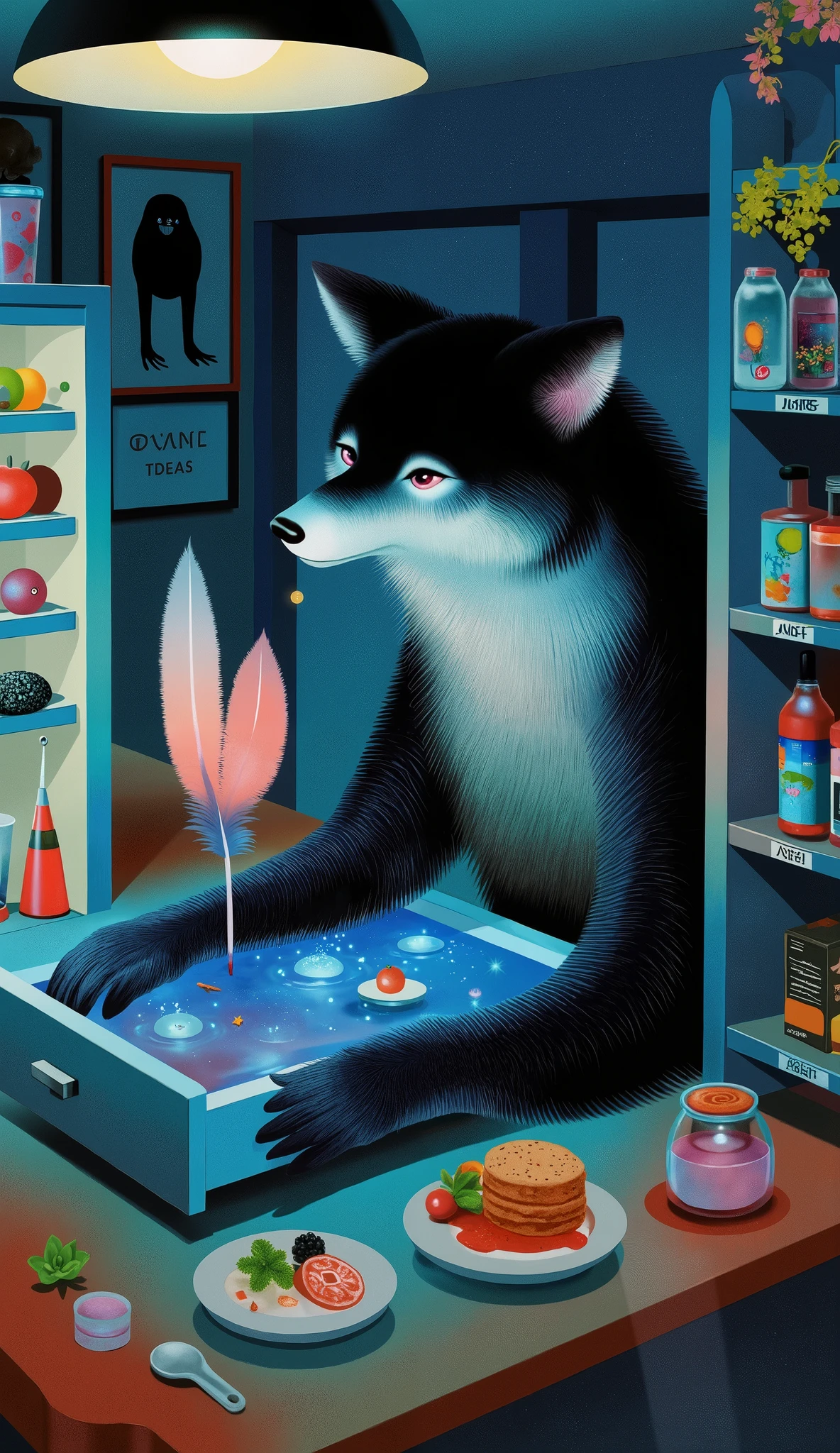 场scene设计,” the magic in the ordinary”,A secret drawer under the cash register in a super magical space,A strong blue light leads directly to the core of the earth,The rotating light staircase,
,A faded feather pen with magical light and a glass bottle filled with mysterious galaxy-colored ink,A hollow and misty wax seal with a griffin pattern。scene:The late-night convenience store's door axle gently opens,A gentle heat wave envelops the aroma of Kanto cooking,against my cheek,and hugs the cool night breeze outside。The fluorescent tube buzzes,The halo is smudging,The air smells mixed with food and electricity。Sturdy furry wolf at the convenience store 、deep in the classroom or alley,hidden undetected magical miracles in everyday life