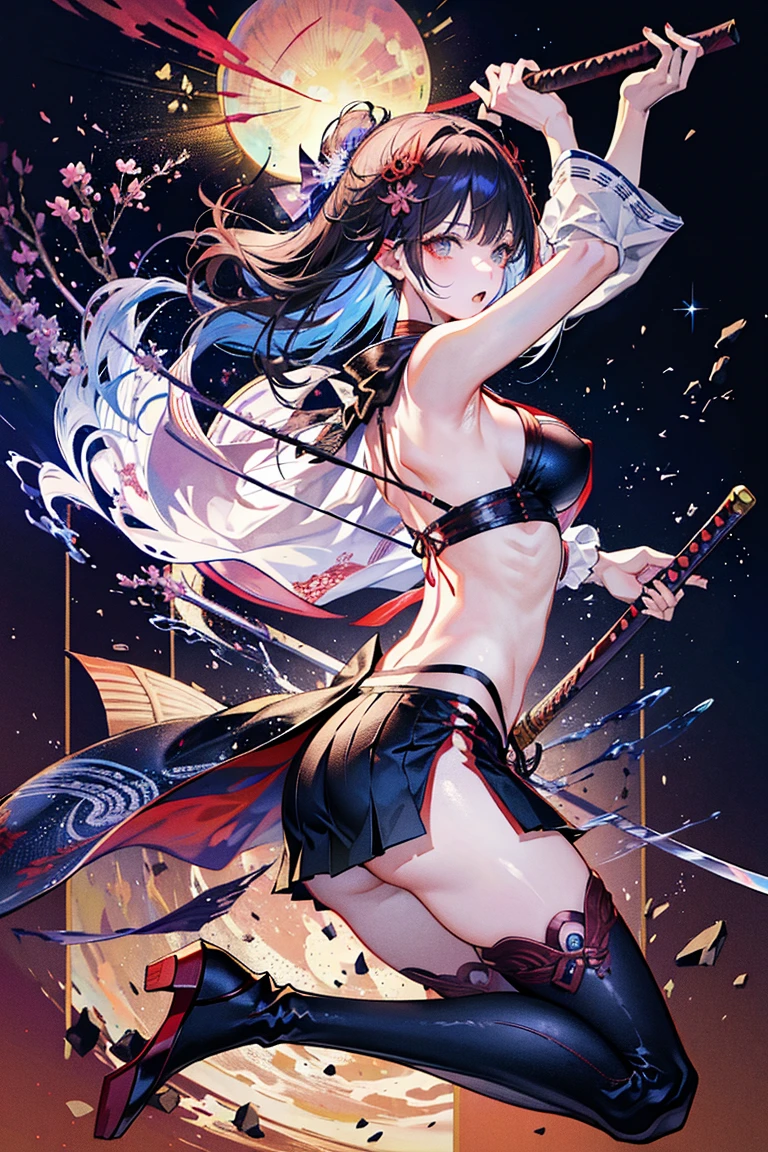 Colorful, Best Quality, masutepiece, hight resolution, Original, highly detailed wallpaper,1girl in, Bangs, Black_hair, breasts, Closed_Mouth, gloves, hair_ornament detached, Holding a Japan sword in his right hand, katanas, long_hair, long_sleeves, up looking_で_viewer, Multicolored_hair, scabbard, Solo, unsheathing, The upper part of the body_Body, ,Perfect_Hands,Hongyi