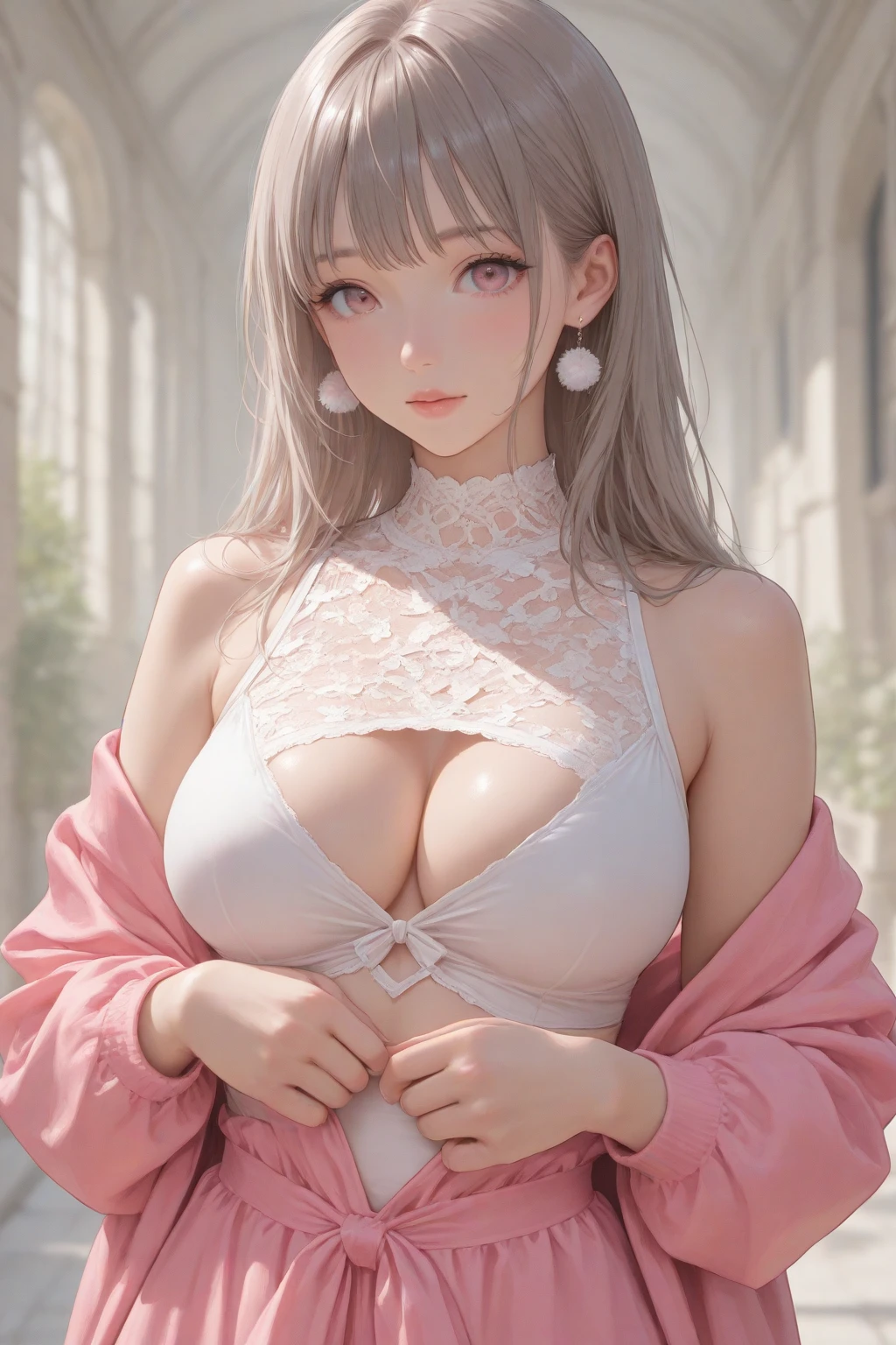 Character Details:, - Gender: 25 year old Japanese Woman Girl. - Style: Realistic, - Body Type: Attractive body, slim body, nice legs, slim tights, nice arms, nice shoulders. - Breast: (Small Breast:1.2), (Cleavage:1.3), (Nipple:1.1), (Slip Nipple:1.1), (Milk), (White Milk), (White Goo:1.1), (White Sticky Goo Over Body:1.1), (White Goo over Face:1.1), (Sticky Liquid on Breast:1.4),. - Facial Feature: Beautiful, Gorgeous, Teenager, Fresh, Young. - Expression: Shy, Pink Blush on Face, open mouth, Pink Tongue, Sexy Eyes, Sexy Look, (Sweating:1.4), Innocent Look, Tipsy. - Hairstyle: Blunt Bangs, Long Hair. - Hair Color: (White Hair:1.5), (Cute Short Hair:1.3), - Clothing: (Sexy Kimono:1.6), (Off-Shoulder:1.3),. - Body Pose: (Wide Kneel:1.3),(bend over:1.4), (sexy spread:1.4),. - Behaviour: Waiting, Want Something, Secretly. - Accessories: Earrings, No Hair Accessories, Environmental Details:, - Setting: Bed Room., - Lighting: Natural Light., - Decoration: Modern Bed, Chair, Window, White Curtain, City View. Top view. pov, realistic style, UHD, retina, masterpiece, accurate, anatomically correct, textured skin.