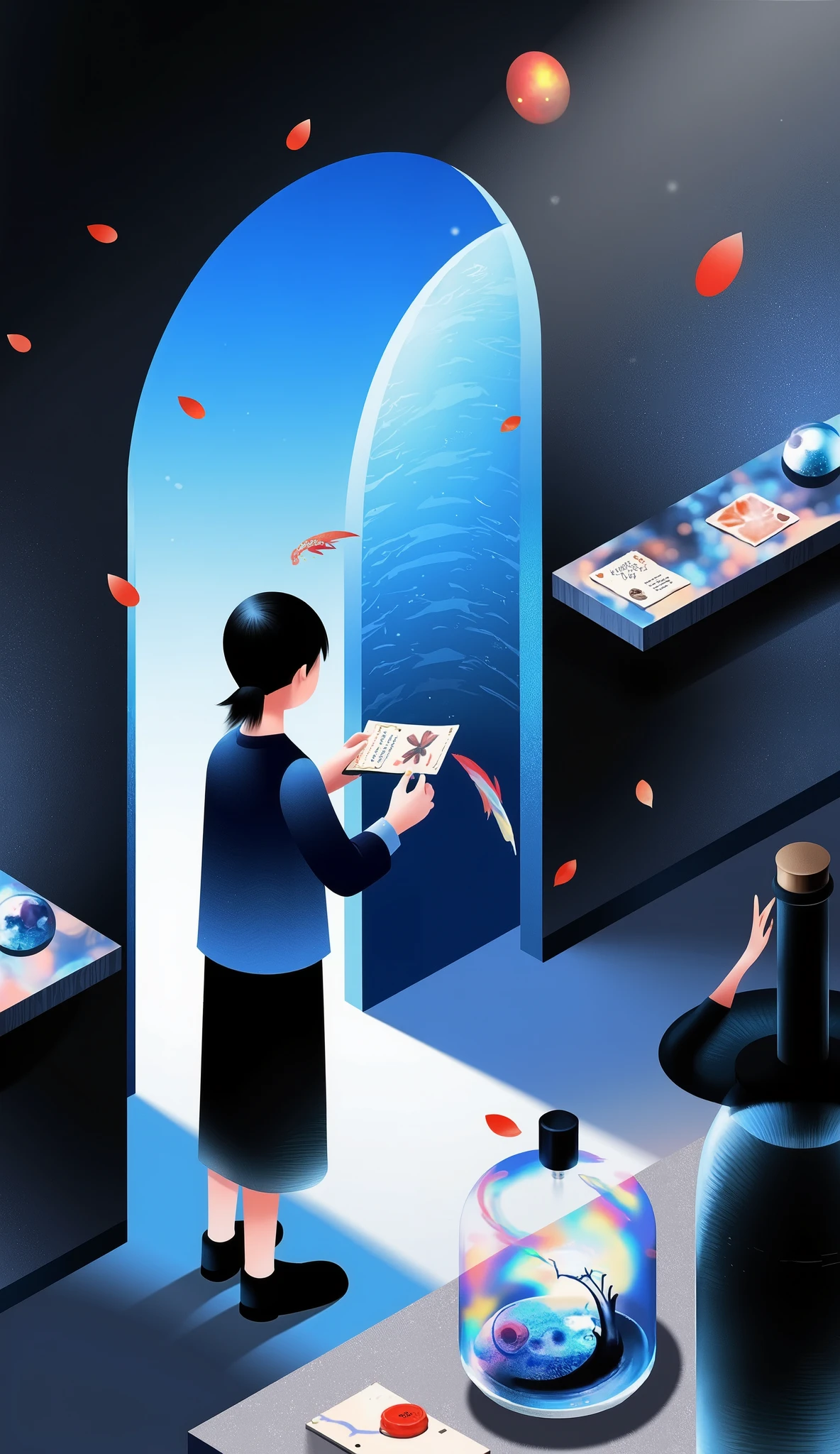 scene design,” the magic in the ordinary”, scene design,” the magic in the ordinary”,The secret drawer under the cashier in a super magical space has strong blue light leading directly to the Earth's core,The rotating light staircase, opens the wooden drawer with a “spare straw” printed on it,the drawer automatically pops up,without a plastic tube、but a faded quill,and even a wax seal with a griffin pattern in his bag。middle school student Min Chul stuffed the banknote he found into the secret drawer under the,and automatically pops up,and spits out a note:“Courage has signed。"That night,glass bottle full of galactic ink《Magical World History》Note: Scene bar restaurant, dark, low-key, romantic lighting, beautiful blond, short-haired, brunette woman leaning against a wall in a dress, a crowd dancing in the background, a woman staring at the beer bottle inside the bottle with spiraling lights inside the bottle, and a tornado that rotates only inside the bottle