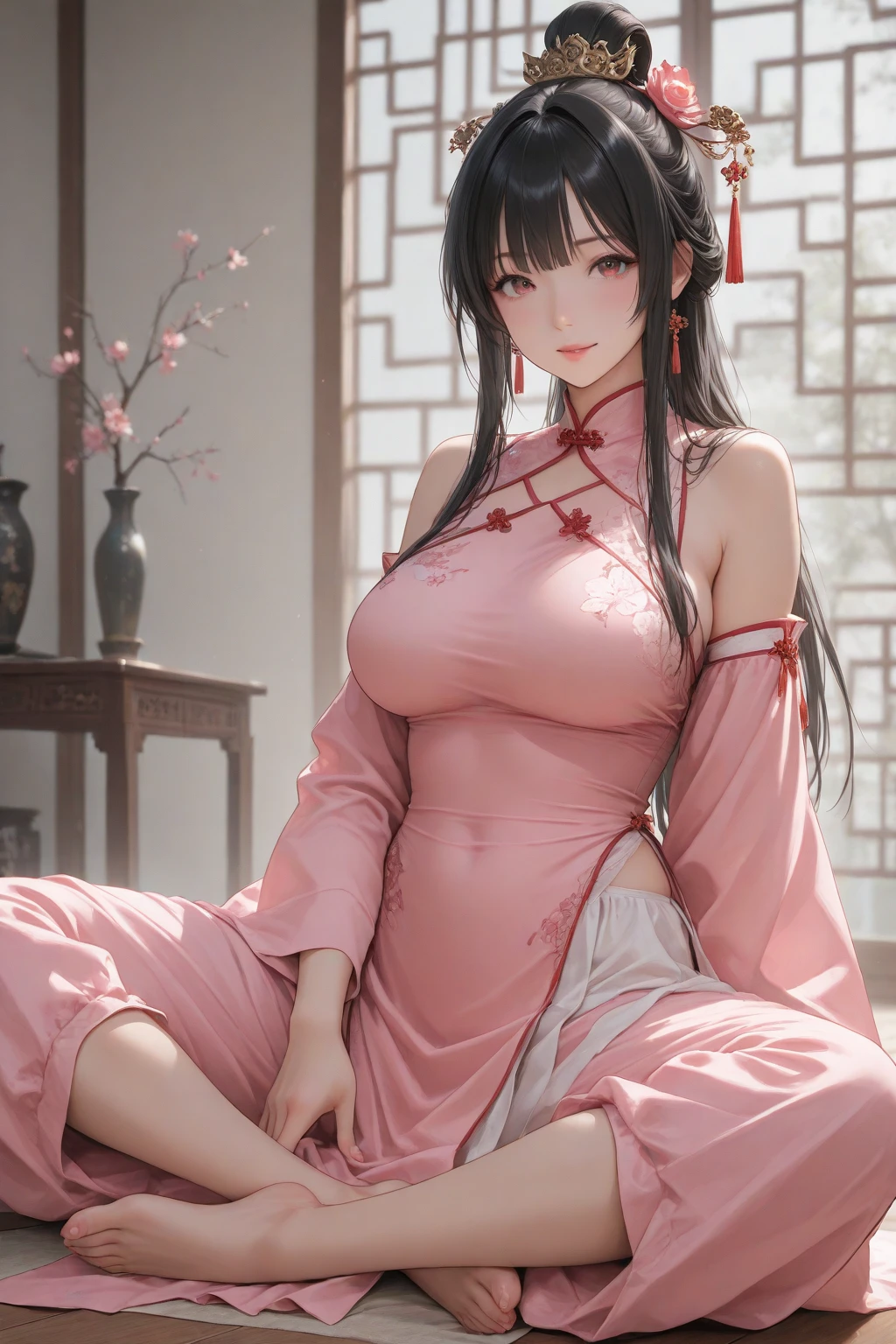 (High resolution), (32K), (very very highly detailed), (Best illustration), (beautiful and delicate eyes), (best quality), (super detailed), (master piece), (Detailed and delicate face), solo，Highly detailed face and skin texture，fine eyes，double eyelid，Spread your legs and use props、very shy、blush、spread legs，high details，Wear pin heels,(dynamic pose)，1 female, black long hair , Pitch black eyes, long legs, (camel toe)，(((big breasts)))、Exposing ???????? without wearing pants，camel&#39;s toe，The protruding PUssy ，cocked ass，I grew up sexy、(((Luxurious floral pink cheongsam)))、Forehead、best style、??????