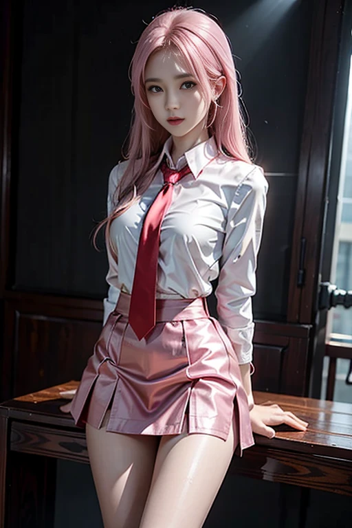 (Best quality, masterpiece: 1.1), (fidelity: 1.4), 1 girl, ((Zero Two/Darling in the Franxx)), upper body, very long hair, study, very young girl, slave, ((Shirt)), ((miniskirt)), slave necklace, high heels, ((very small breasts)), extremely beautiful woman, ((ultra detailed and toned legs)), ((very wide hips)), ((very thick and toned thighs)), (sexy), ((extreme hourglass figure)), ((very thick heart lips)), ((very small and thick lips)), ((red lipstick)), ((blue eyes)), ((angry look)), (blush), (makeup), miniskirt, high heels, ((she is angry)), ((she used a Shirt and miniskirt))